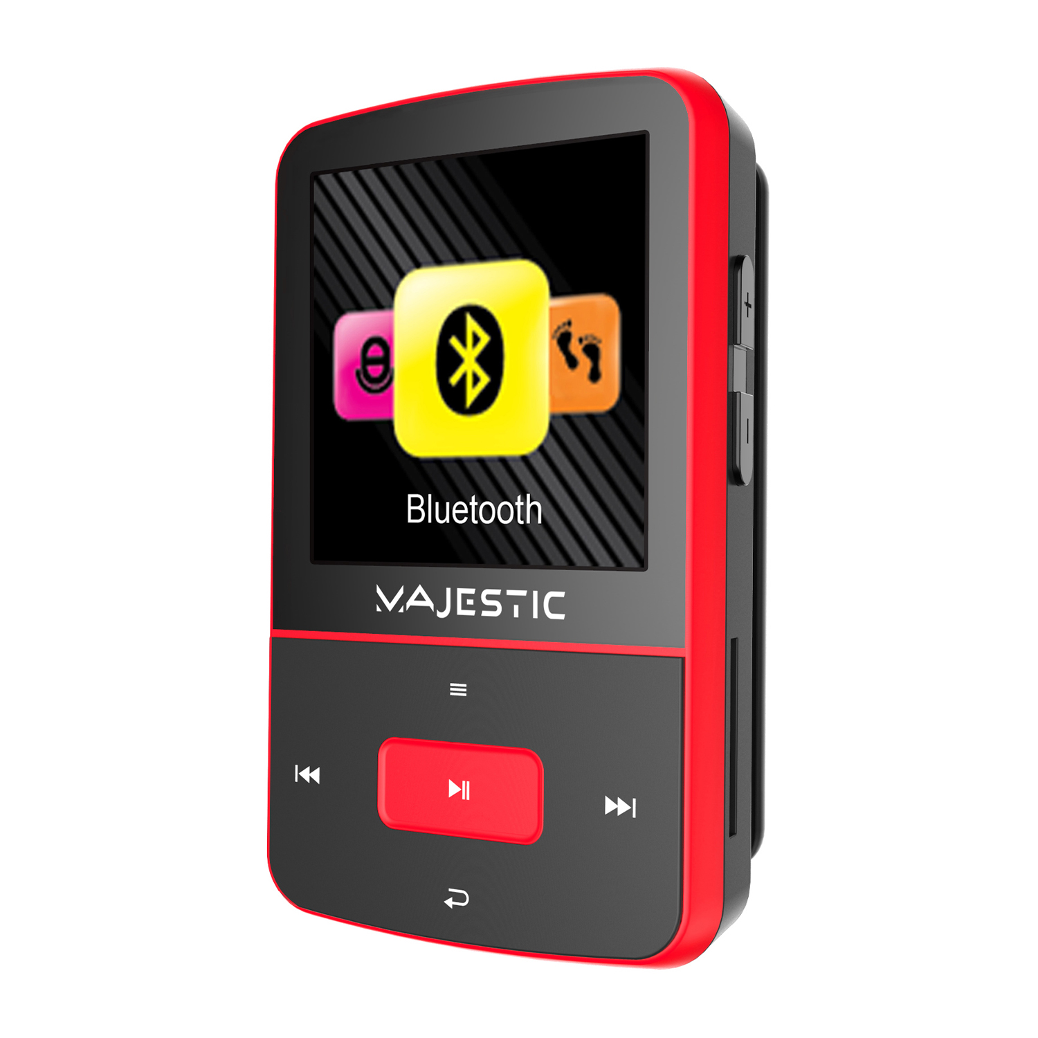 Rot-schwarzer tragbarer Musik-Player mit Bluetooth, Wiedergabe/Pause, Überspringen-Tasten.