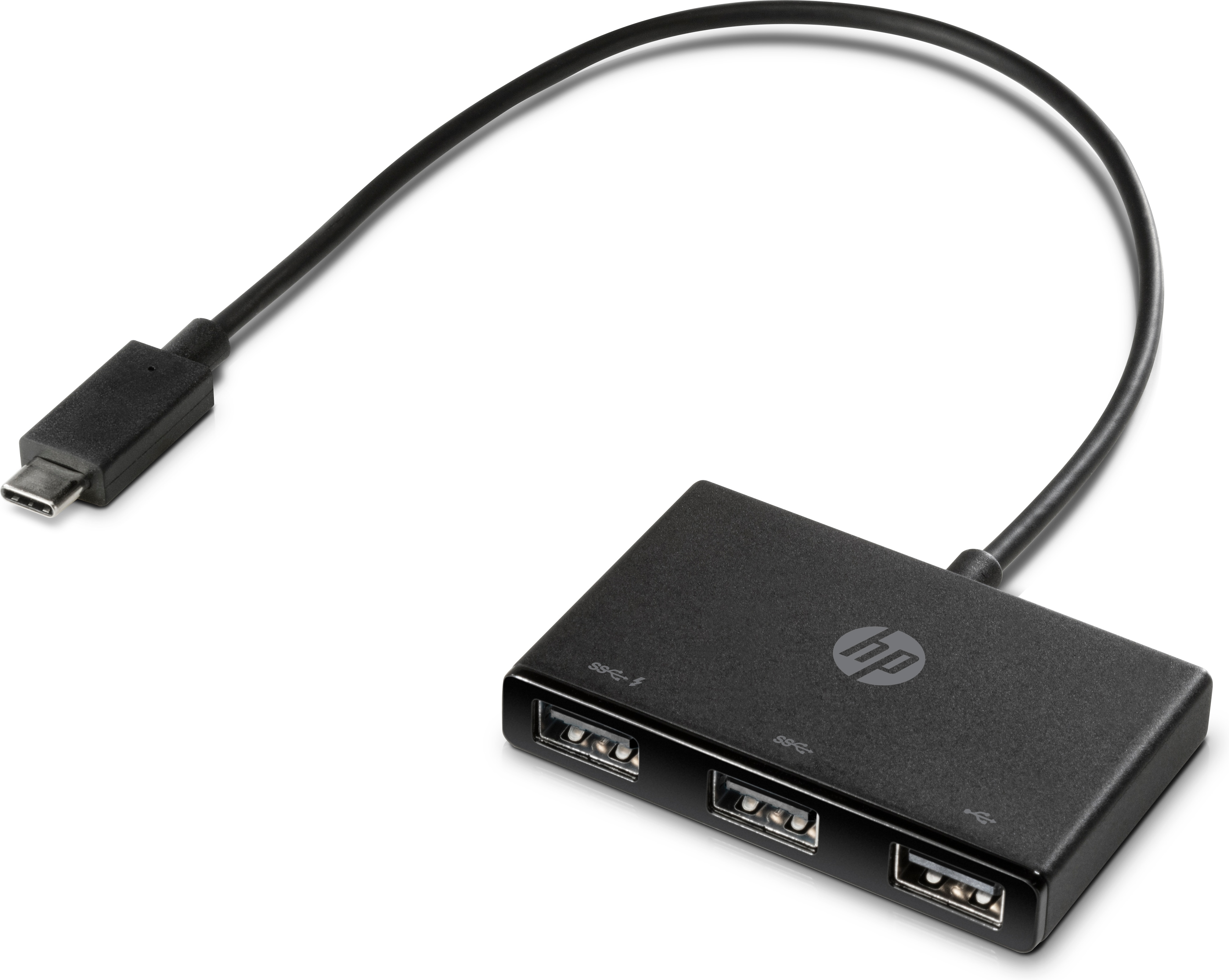 Hub USB-C HP nero con tre porte USB-A e un cavo USB-C.