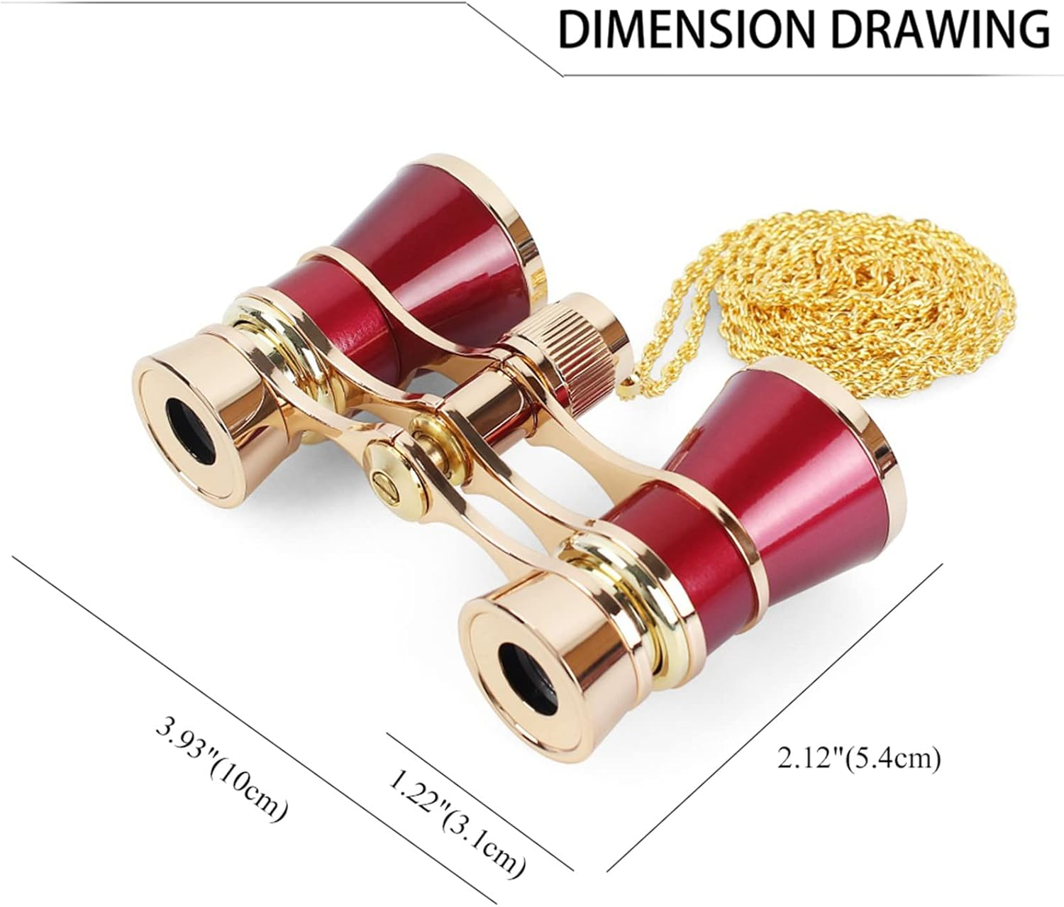 Rot-goldene Operngläser mit goldener Kette auf weißem Hintergrund. Maße sind angegeben.