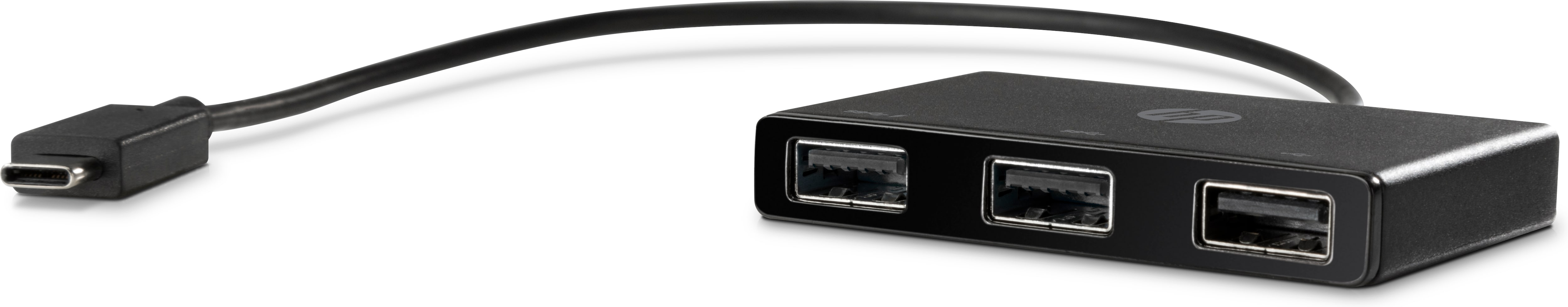 Hub USB-C nero con tre porte USB-A e un cavo.