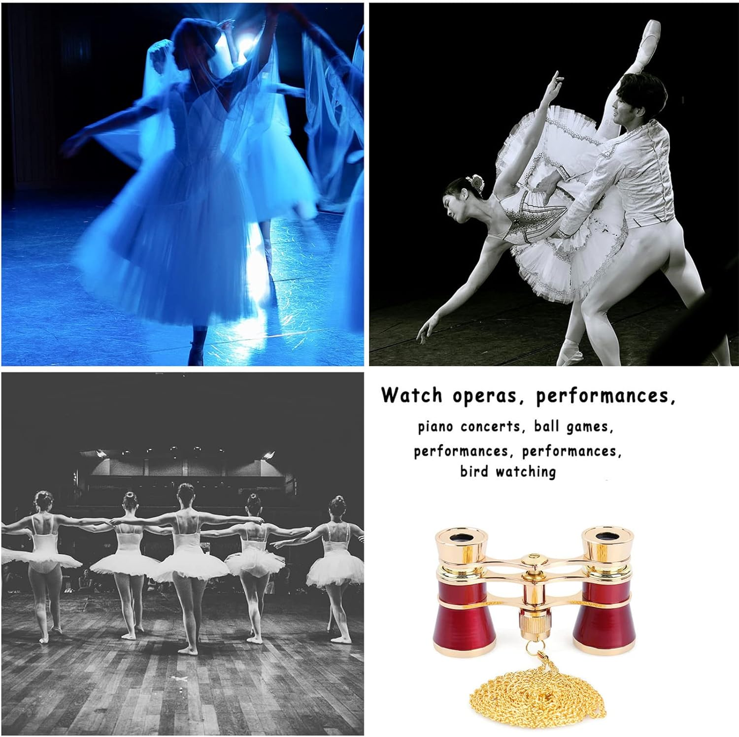 Ballettänzer in weißen Tutus auf einer Bühne und Operngucker.