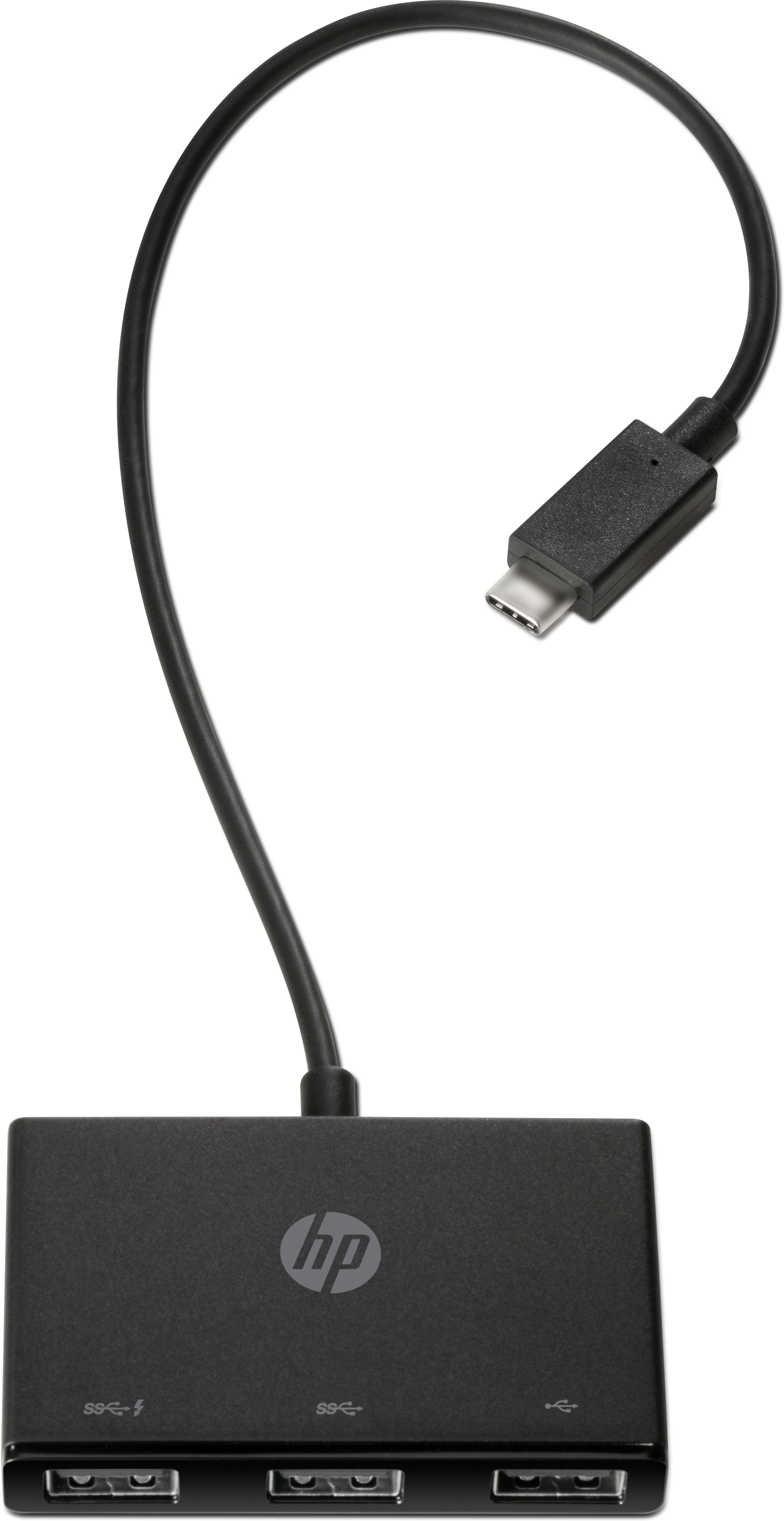 Hub HP USB-C nero con tre porte USB-A e un connettore USB-C.