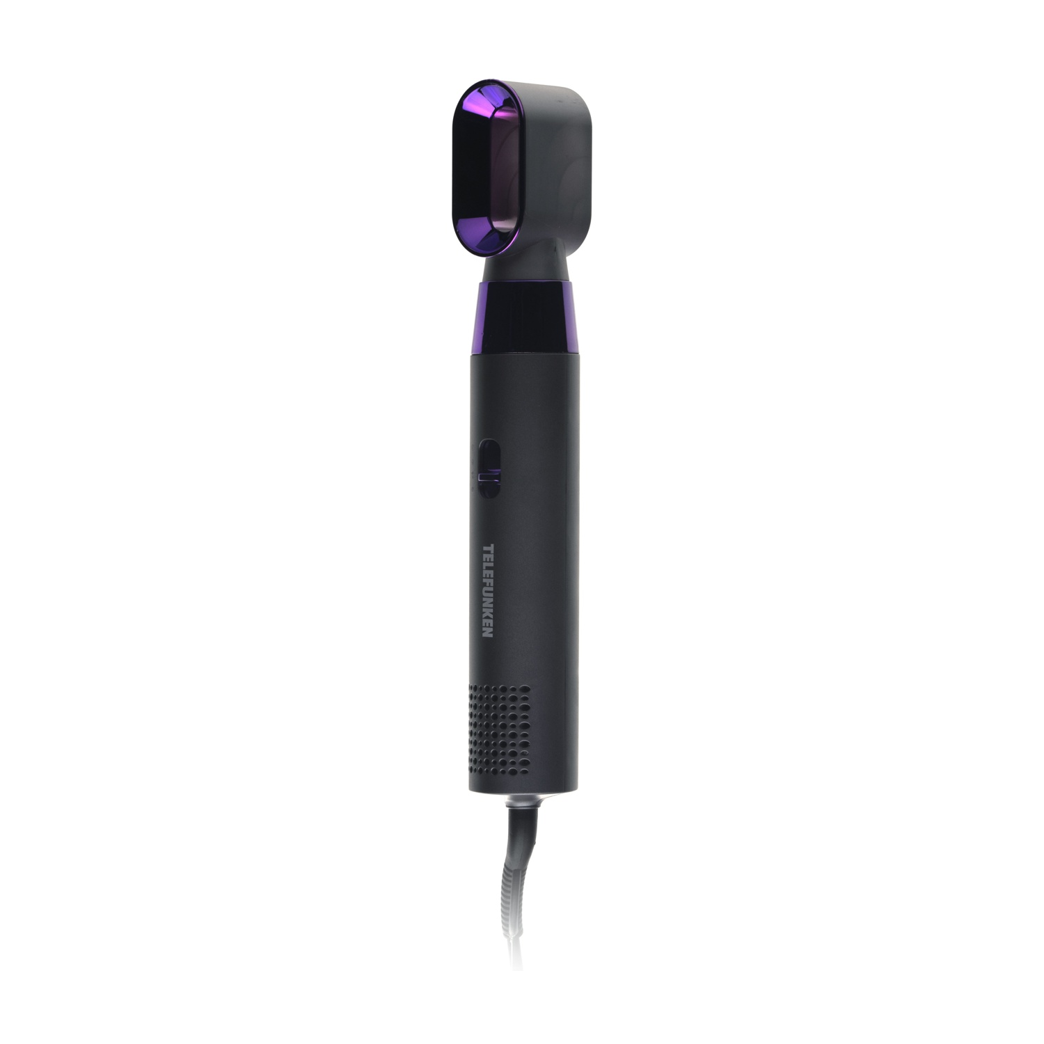 Ein schwarzer Haartrockner mit violetten Akzenten steht vor weißem Hintergrund.