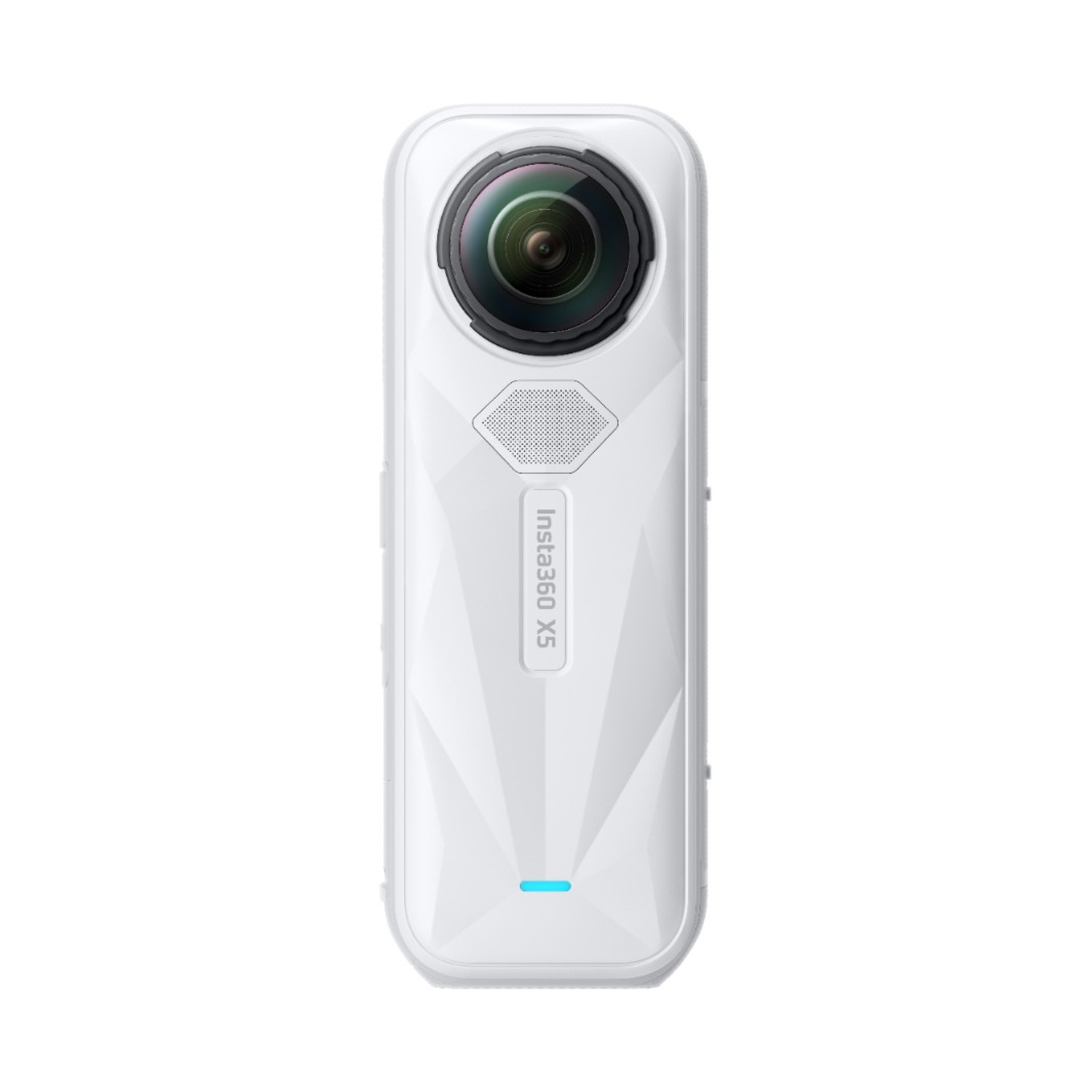 Eine weiße Insta360 X5 Kamera mit Linse oben und blauem Licht unten.