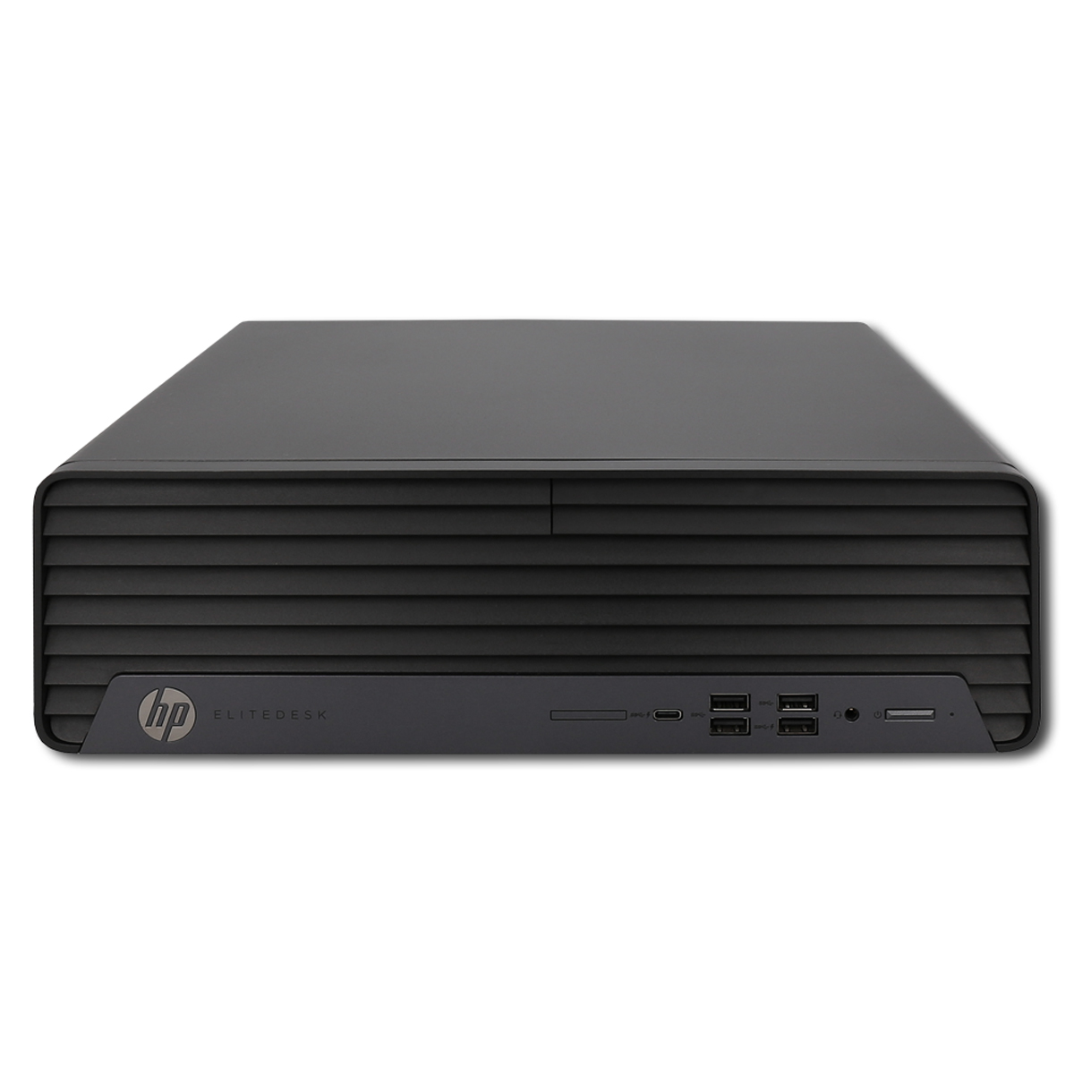 Ein schwarzer HP Elitedesk Desktop-Computer mit horizontalen Lüftungsschlitzen und vorderen USB-Anschlüssen.