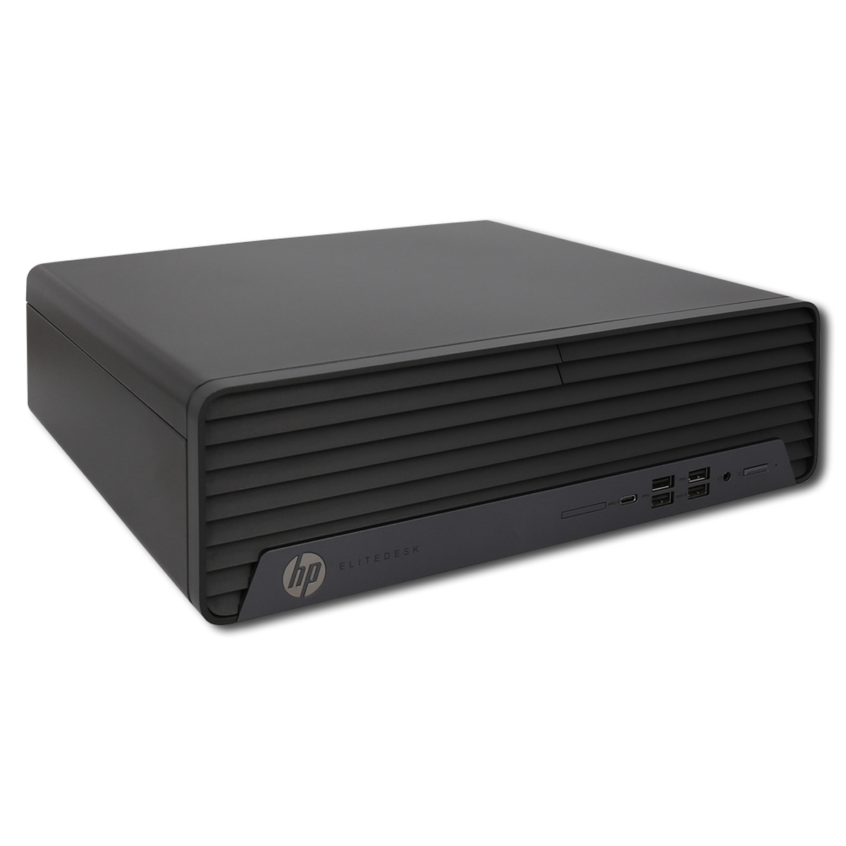 Ein schwarzer HP Elitedesk Desktop-Computer mit horizontalen Lüftungsschlitzen und USB-Anschlüssen vorne.