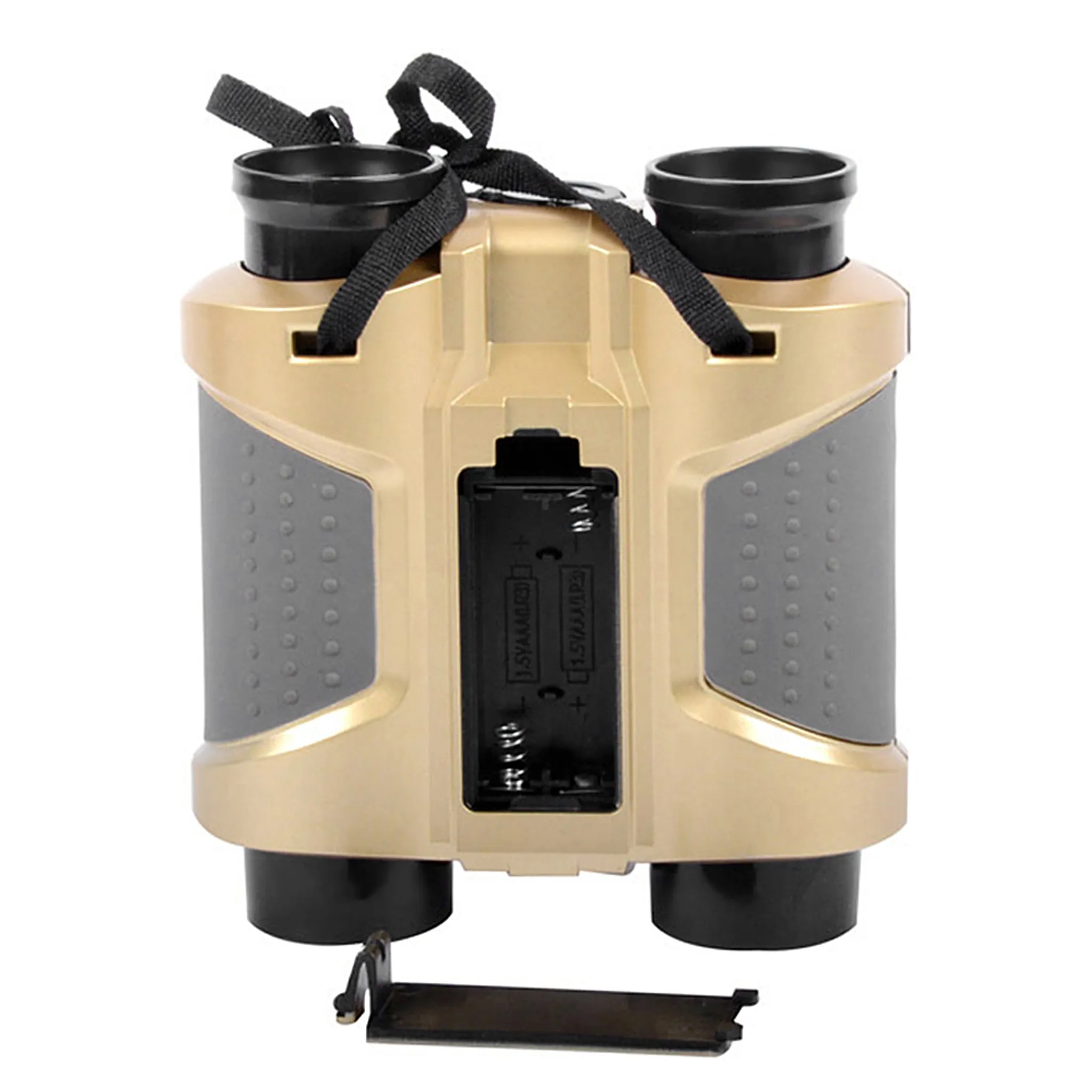 Goldene Fernglas mit schwarzen Griffen und Batteriefach. Tragegurt ist angebracht.