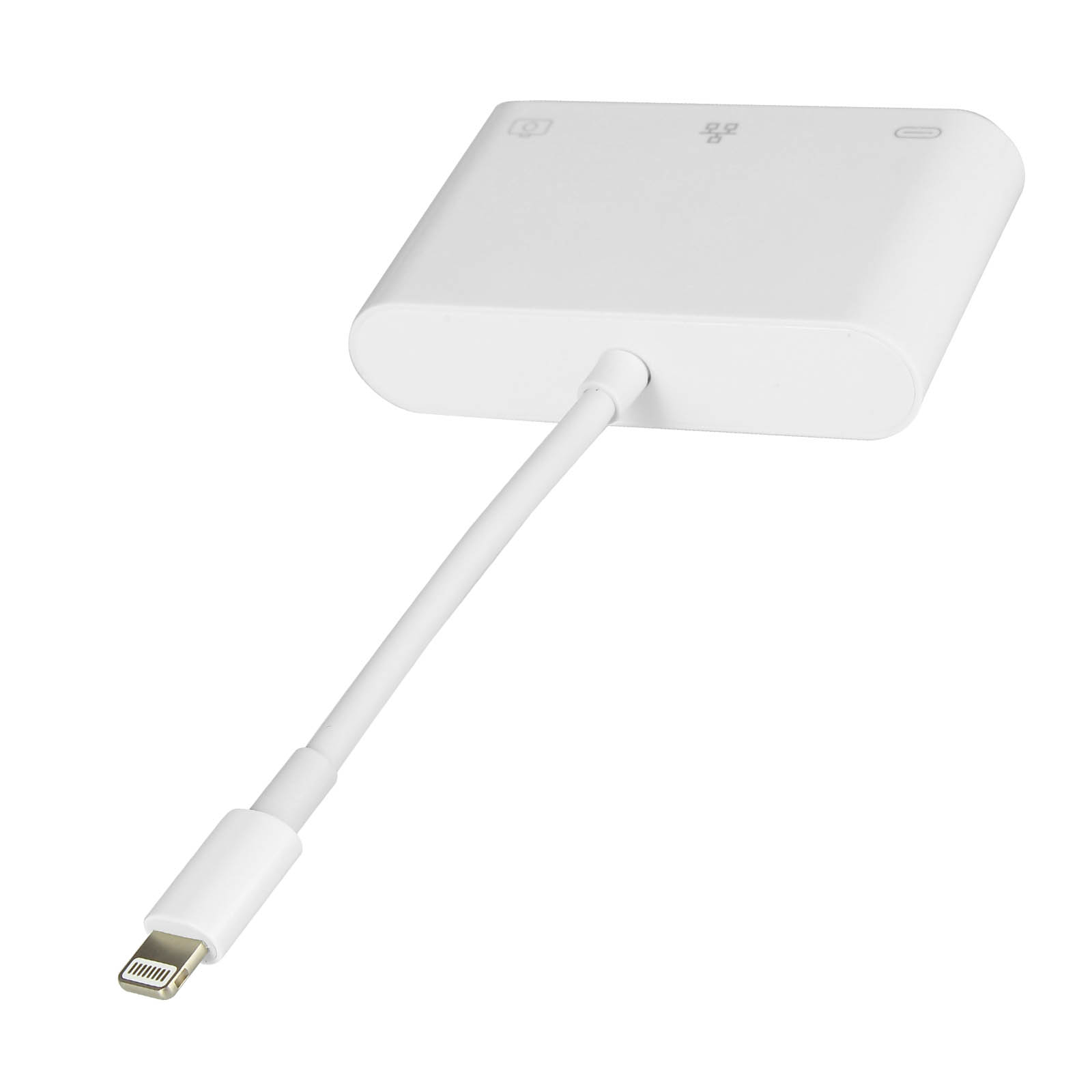 Un adaptateur multiport blanc avec connecteur et câble lightning.