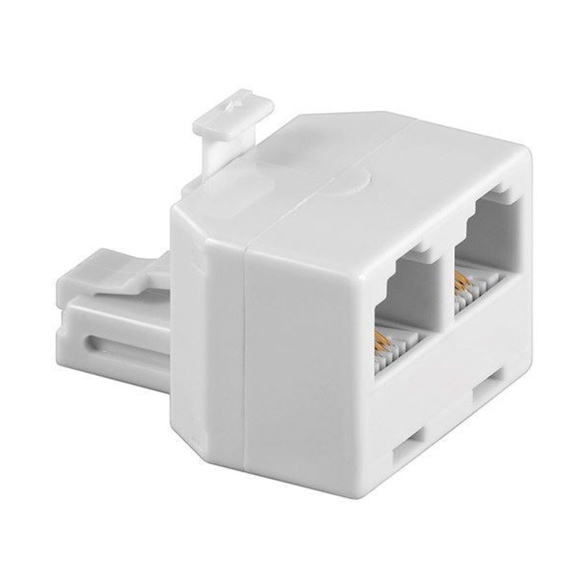 Uno splitter TAE bianco con due prese e una spina.