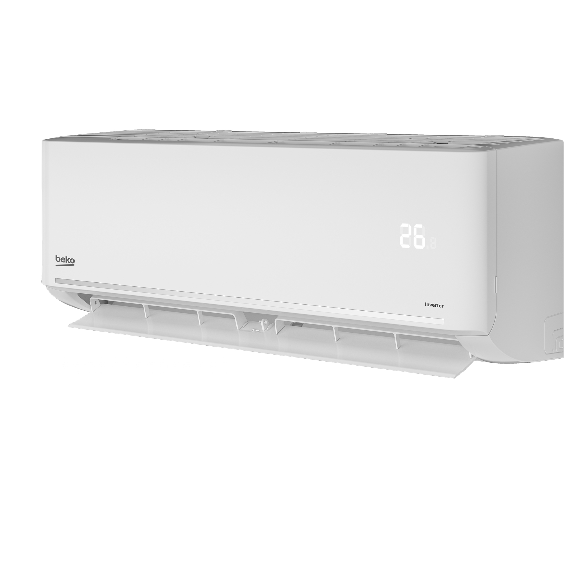 Un'unità di condizionatore Beko Inverter bianco con display digitale che mostra 26,8 gradi.