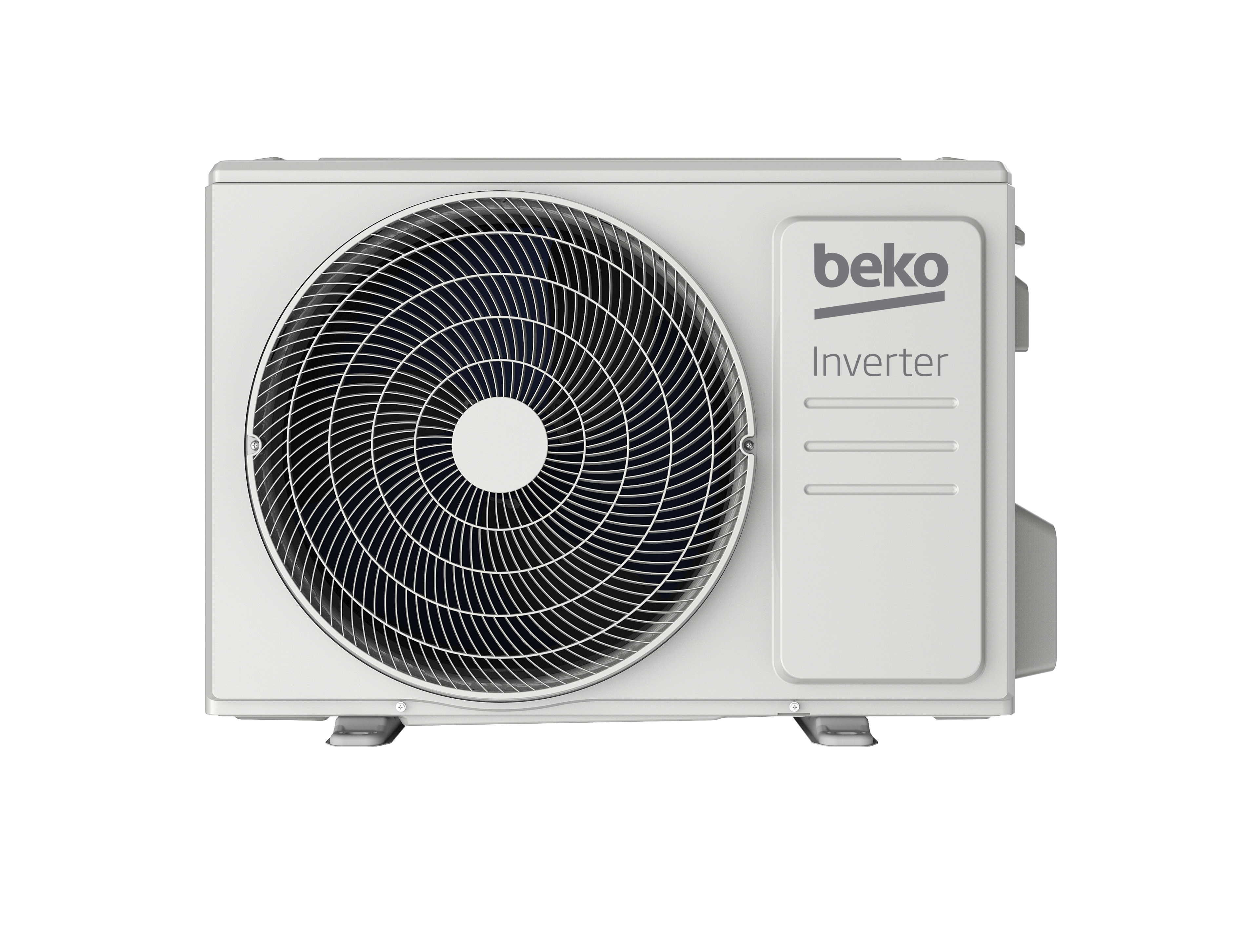 Unità esterna condizionatore Beko inverter bianca con griglia ventola e logo.