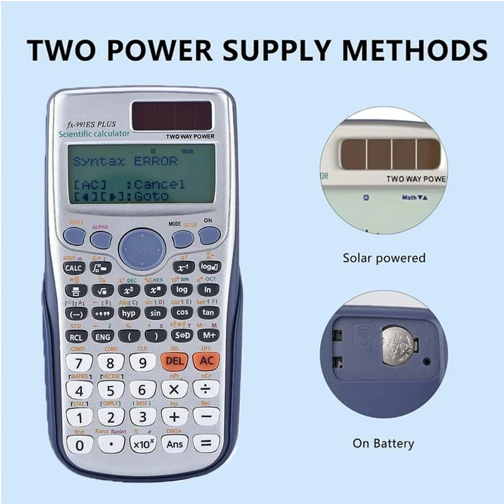 Wissenschaftlicher Taschenrechner zeigt Solar- und Batterieoptionen. Text: TWO POWER SUPPLY METHODS.
