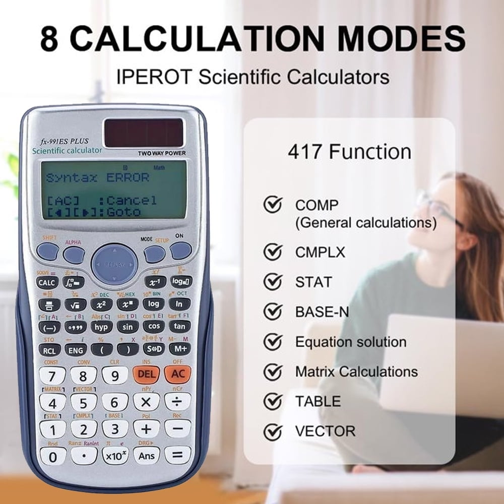 Ein wissenschaftlicher Taschenrechner mit 417 Funktionen, der 8 Berechnungsmodi anzeigt.