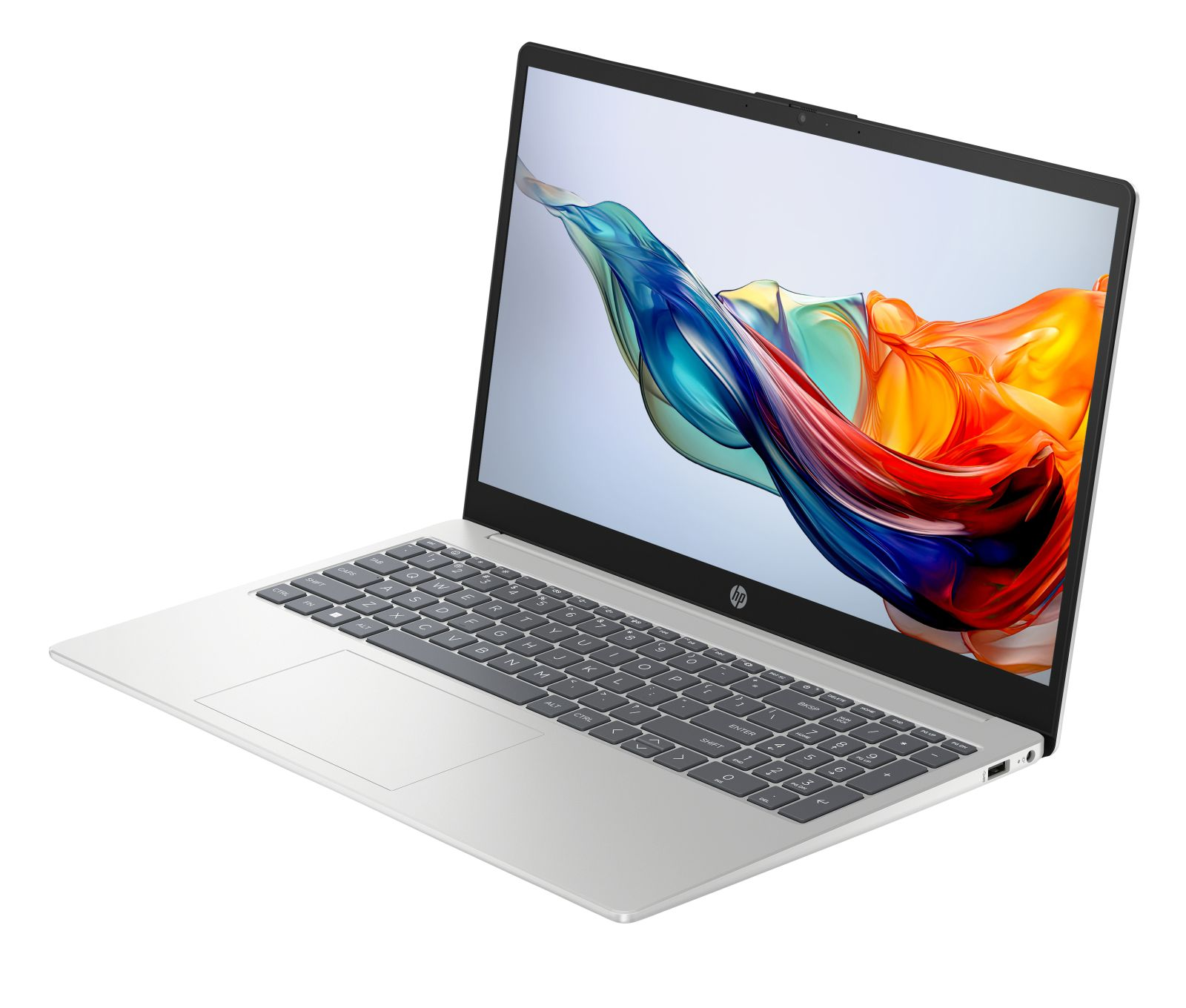 Ein silberner Laptop mit einem bunten Hintergrundbild auf dem Bildschirm.