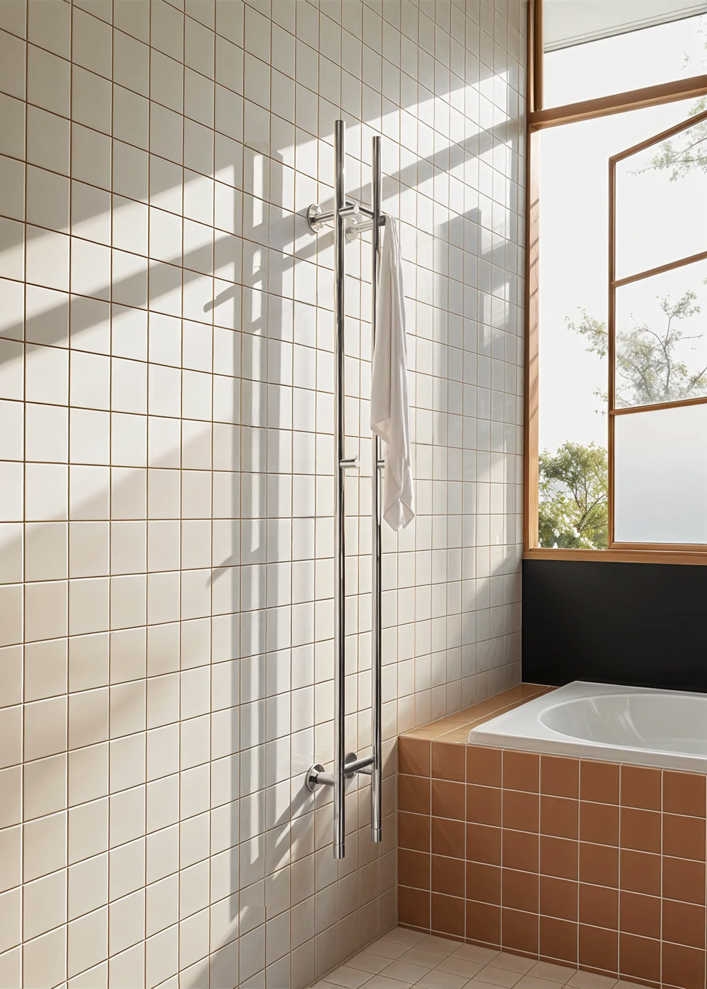 Un baño sencillo con azulejos blancos, toallero y bañera.