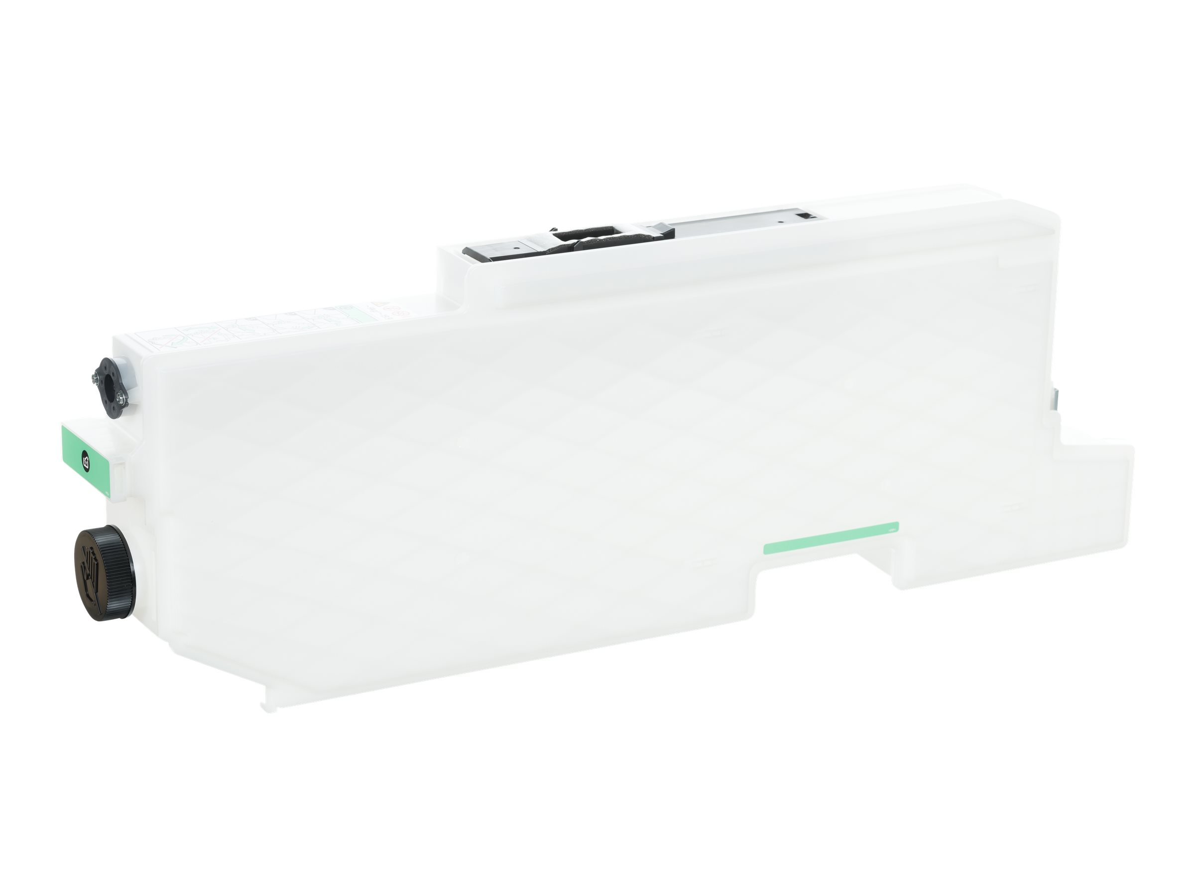 Una cartuccia toner bianca con tappo nero ed etichetta verde. Isolato su bianco.
