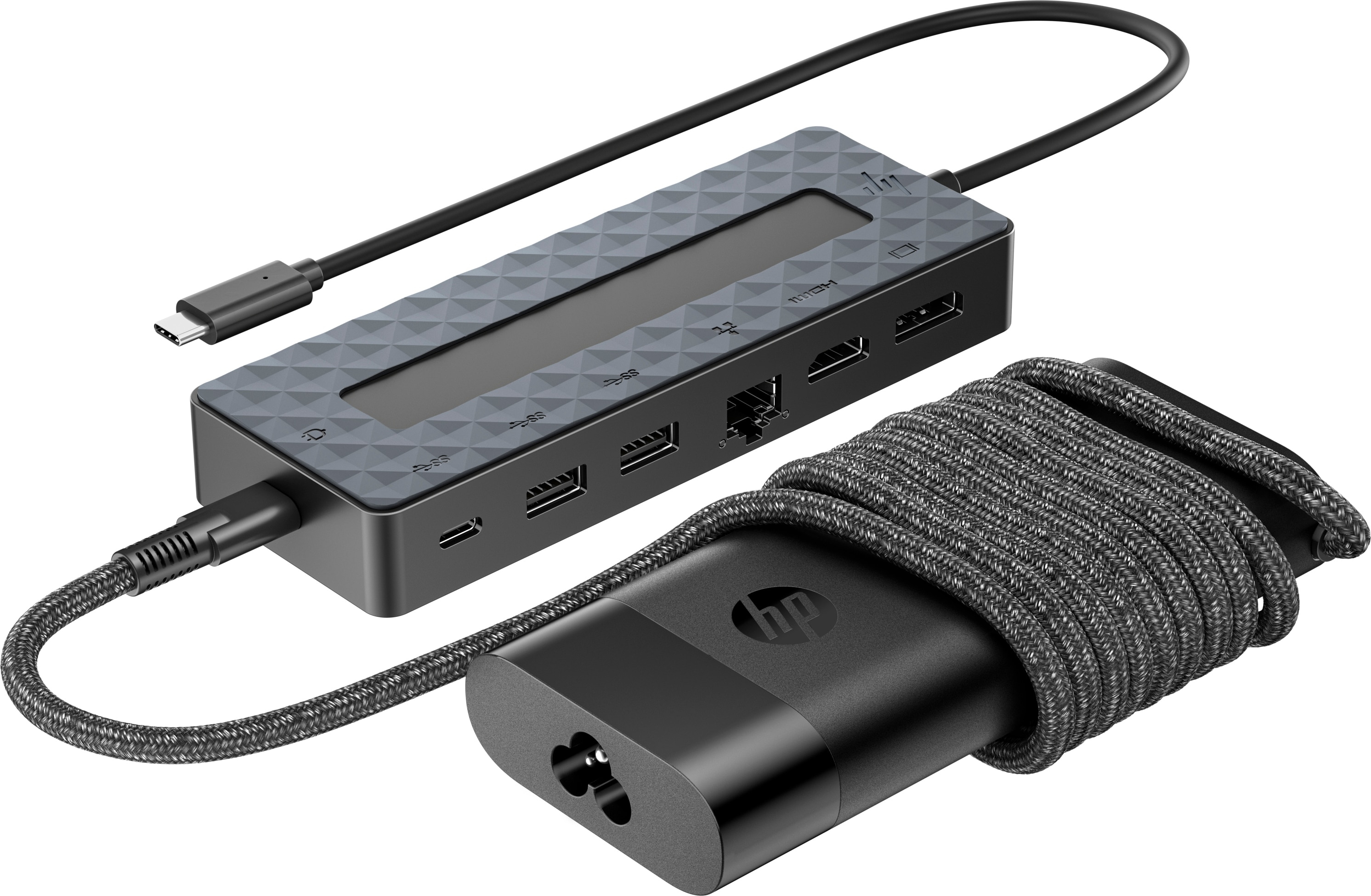 Station d'accueil HP avec câble USB-C et adaptateur secteur enroulé sur fond blanc.