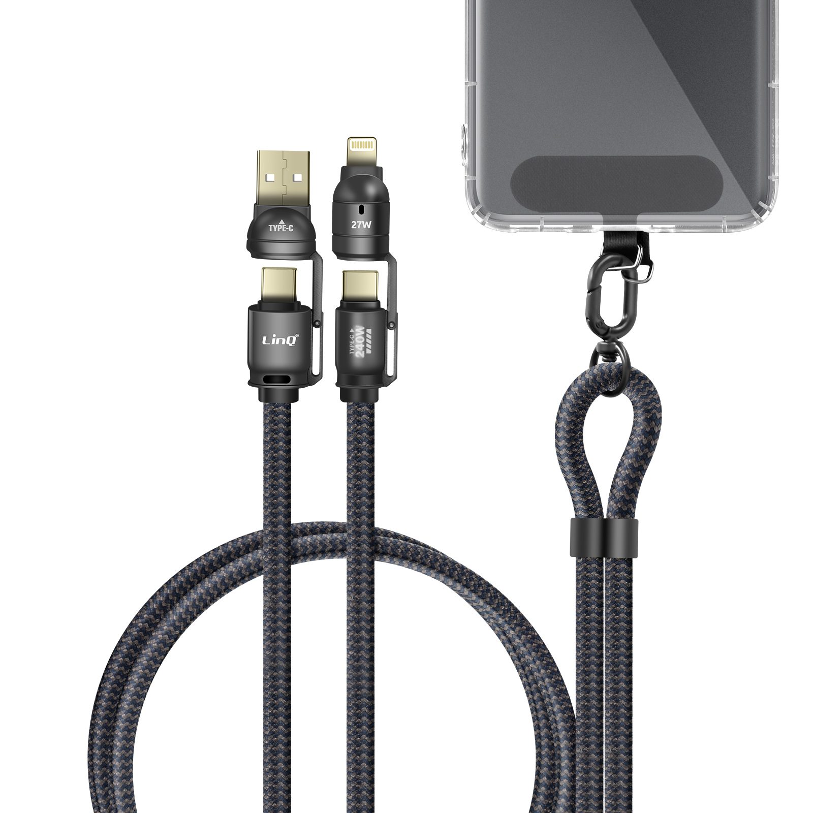 Un cavo di ricarica intrecciato grigio scuro con connettori USB-C, Lightning e USB-A.