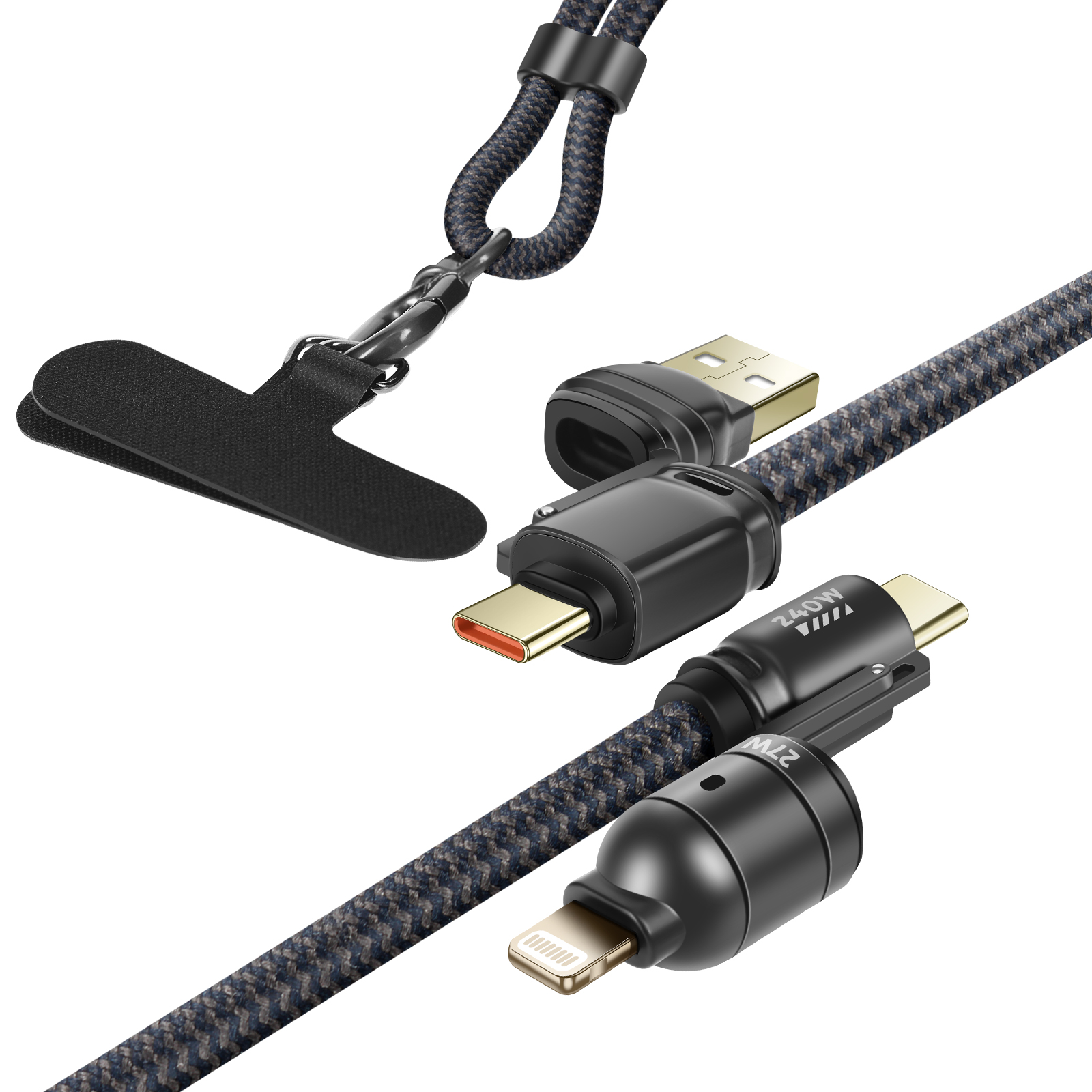 Un cavo di ricarica intrecciato con connettori USB-C, Lightning e USB-A, e un cordino.