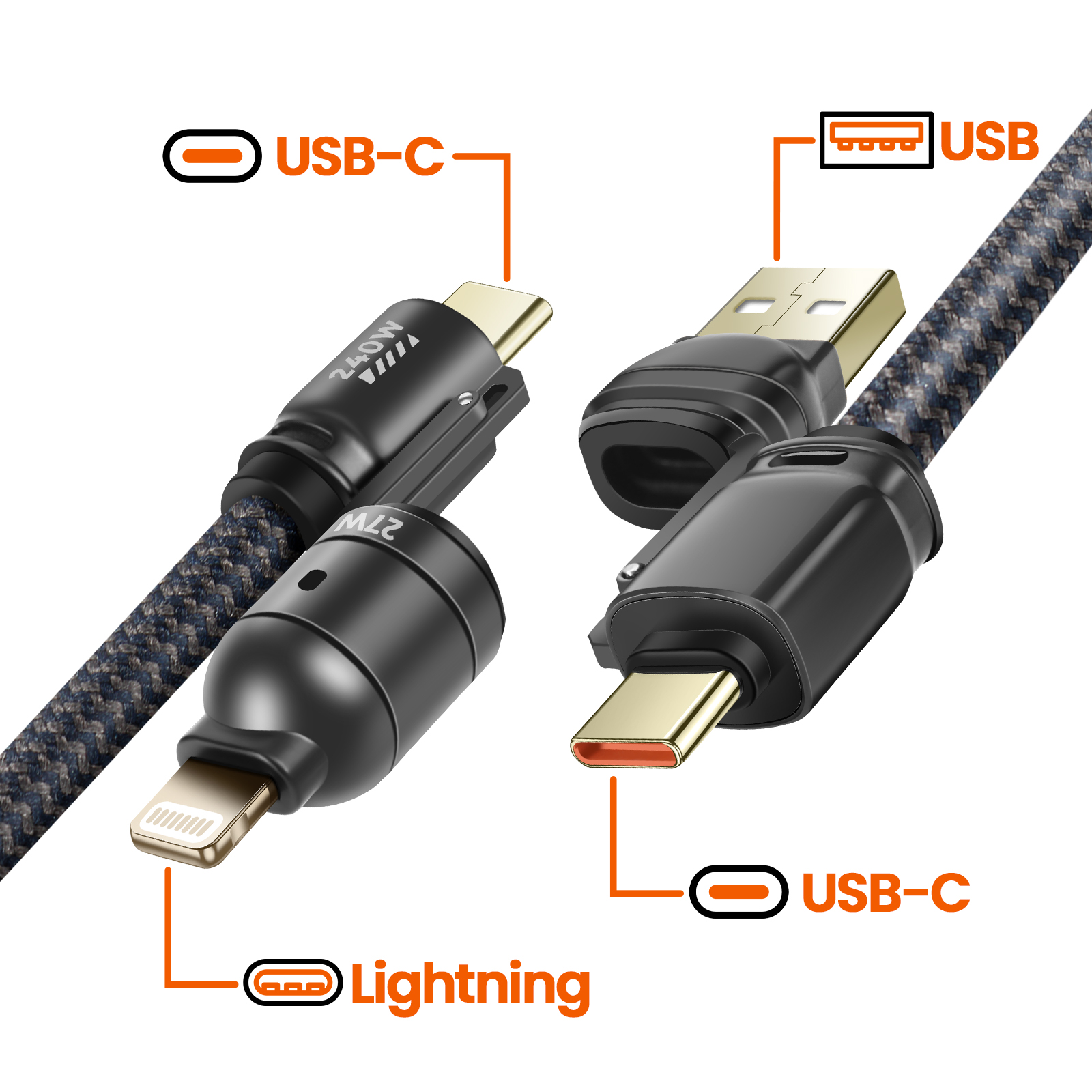 Cavi USB-C, Lightning e USB con alloggiamenti neri e contatti dorati.