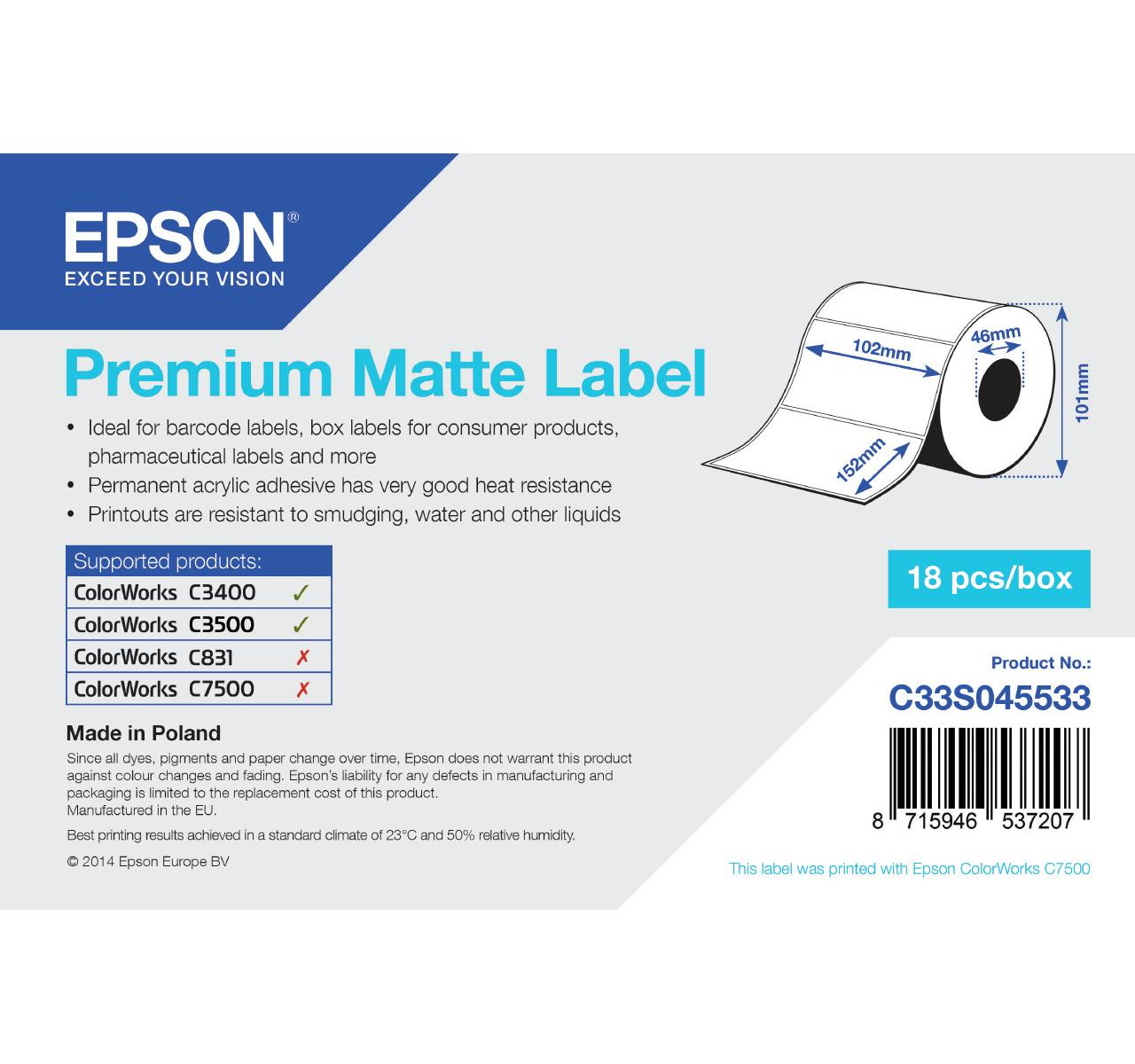 Informazioni sul prodotto Epson Premium Matte Label con diagramma rotolo e codice a barre.