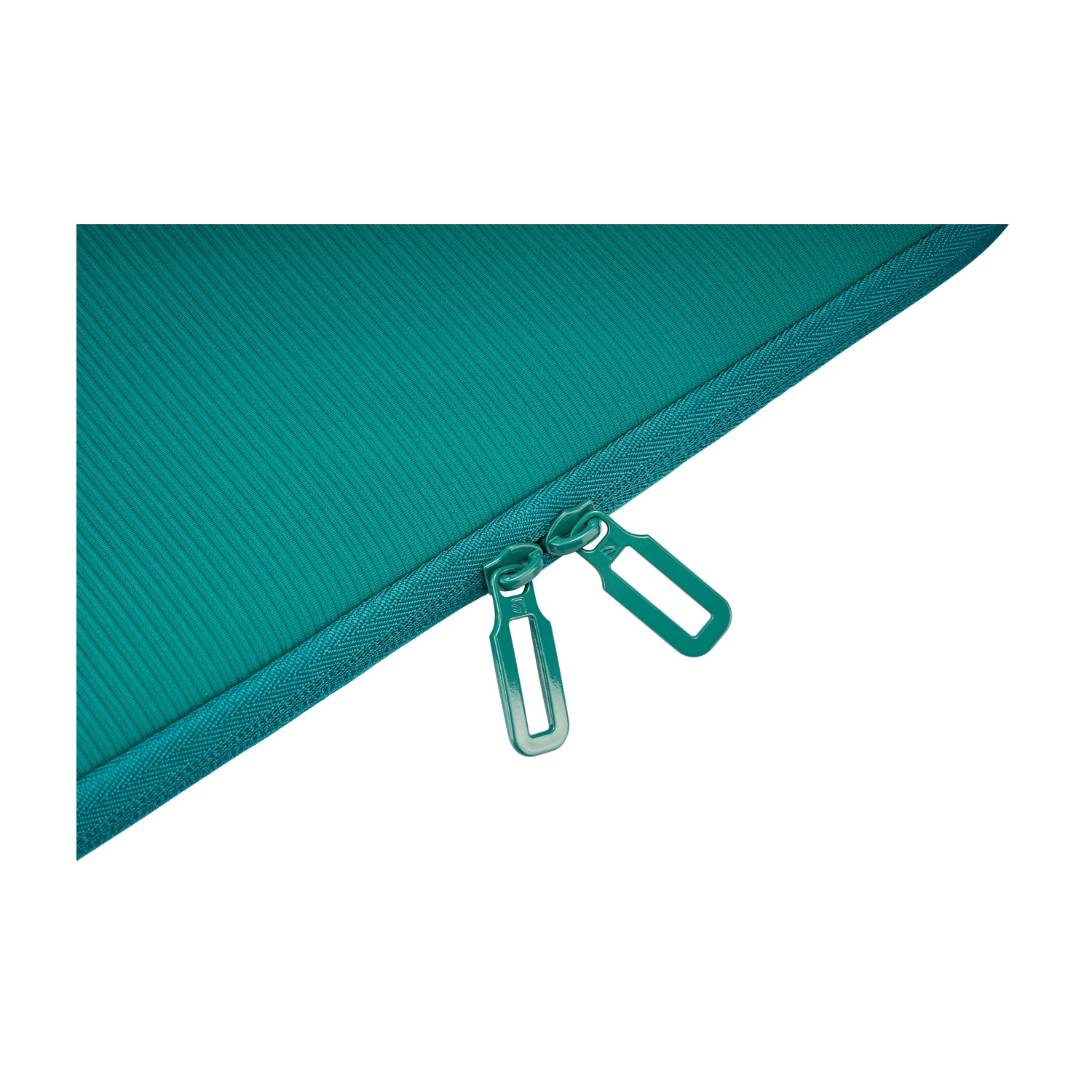 A teal zipper with two pulls on ribbed fabric.