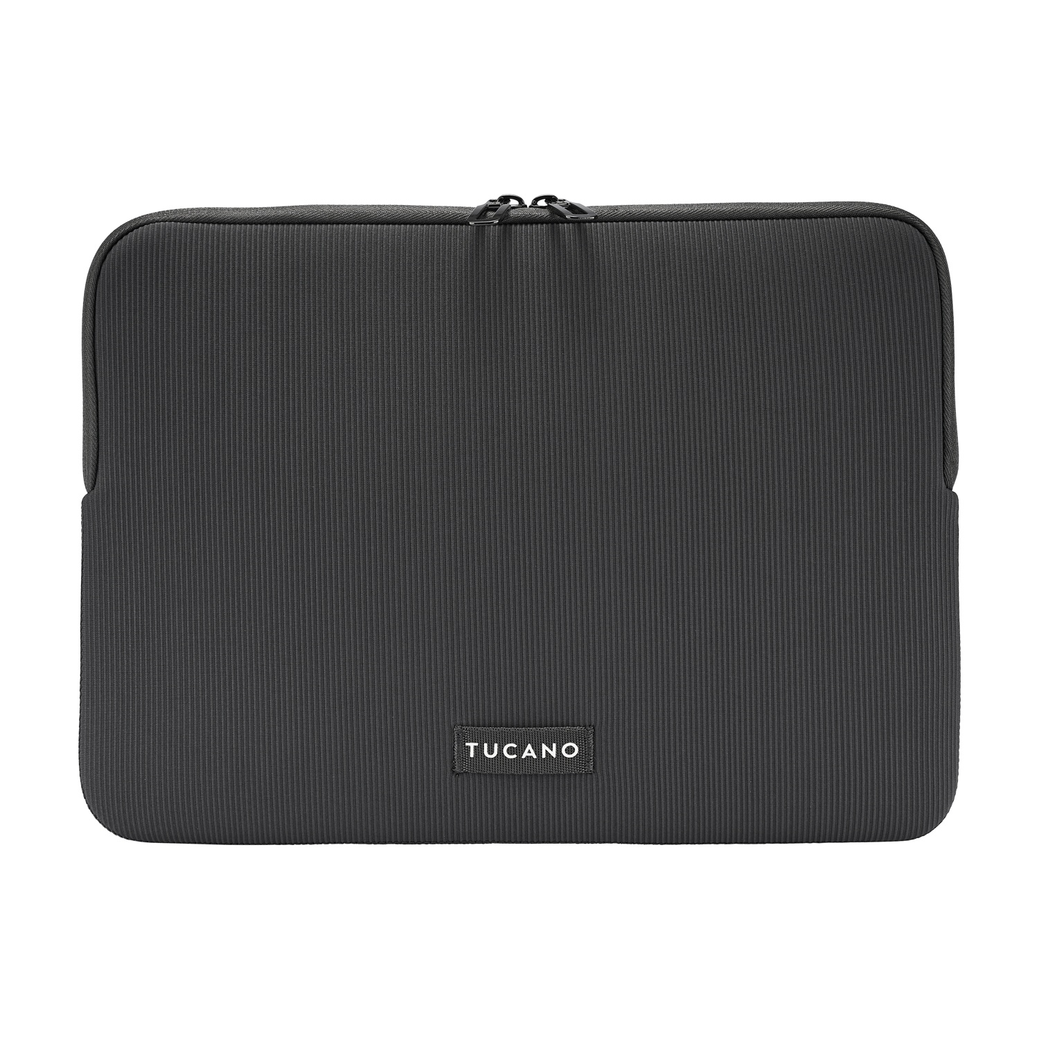 A black Tucano laptop sleeve with a ribbed texture and a zipper closure.