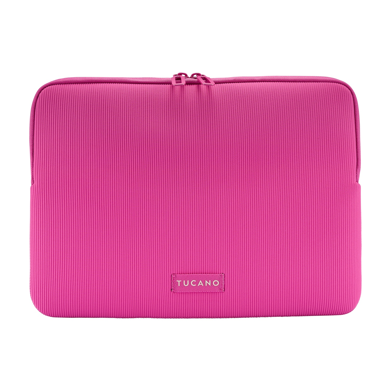 A bright pink ribbed laptop sleeve with a Tucano logo and zipper.