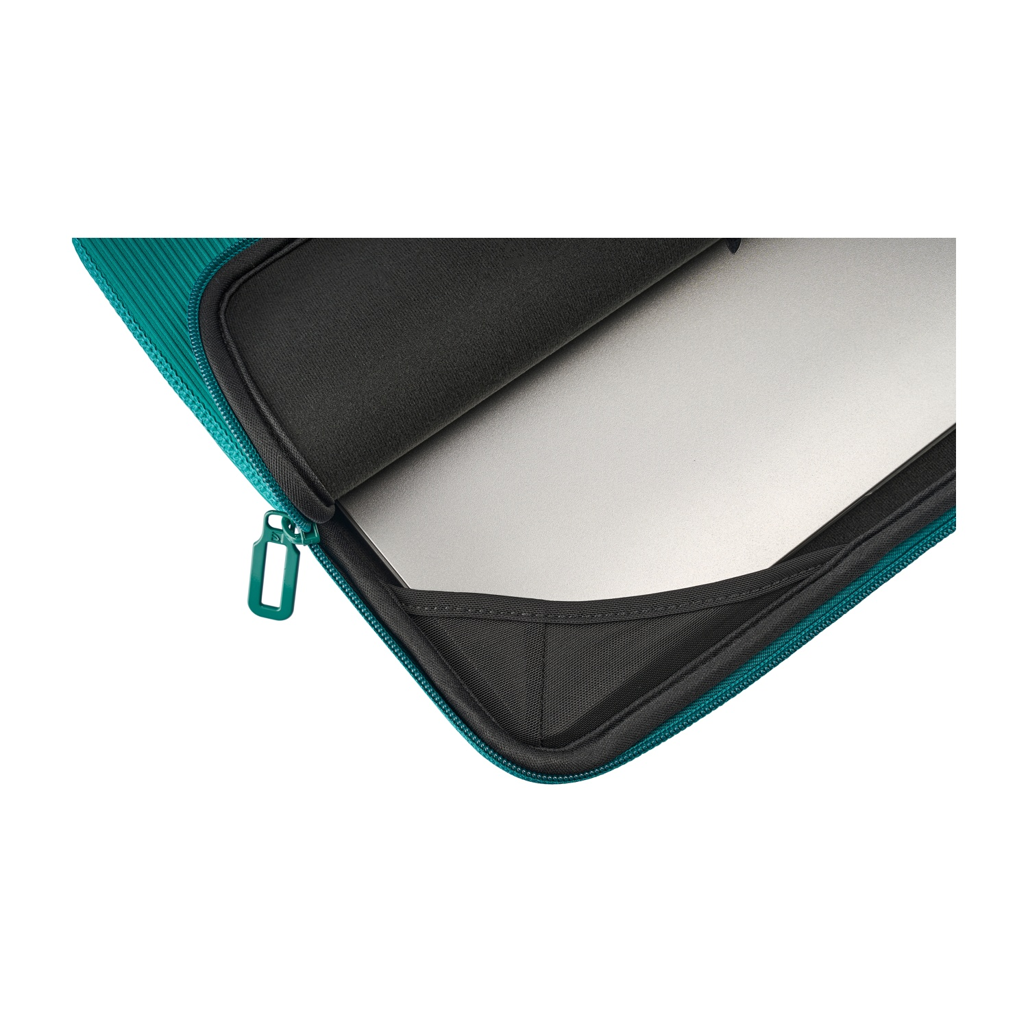 Teal laptop sleeve with a partially inserted silver laptop. Zipper pull is visible.