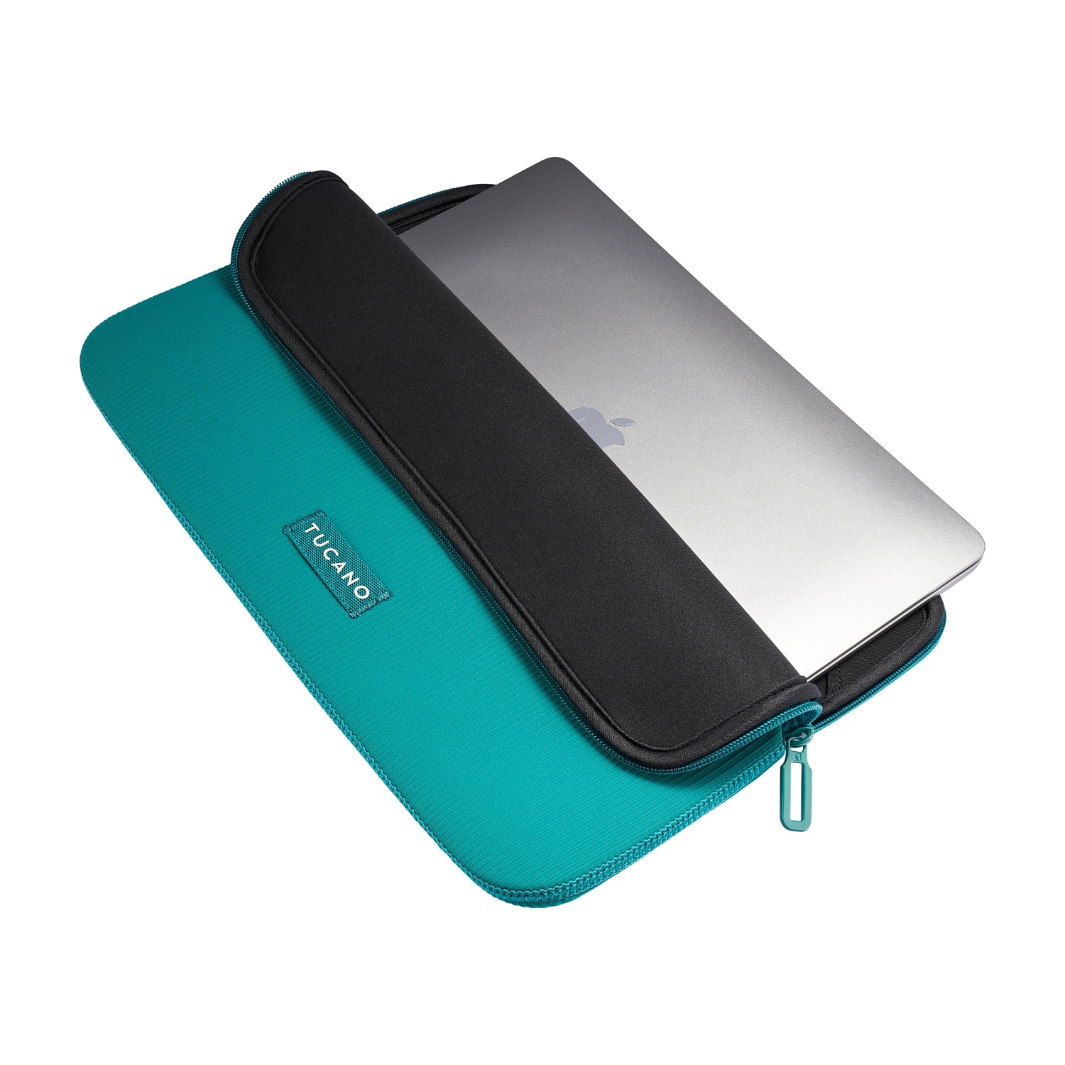 A silver laptop being inserted into a teal laptop sleeve. Tucano logo visible.