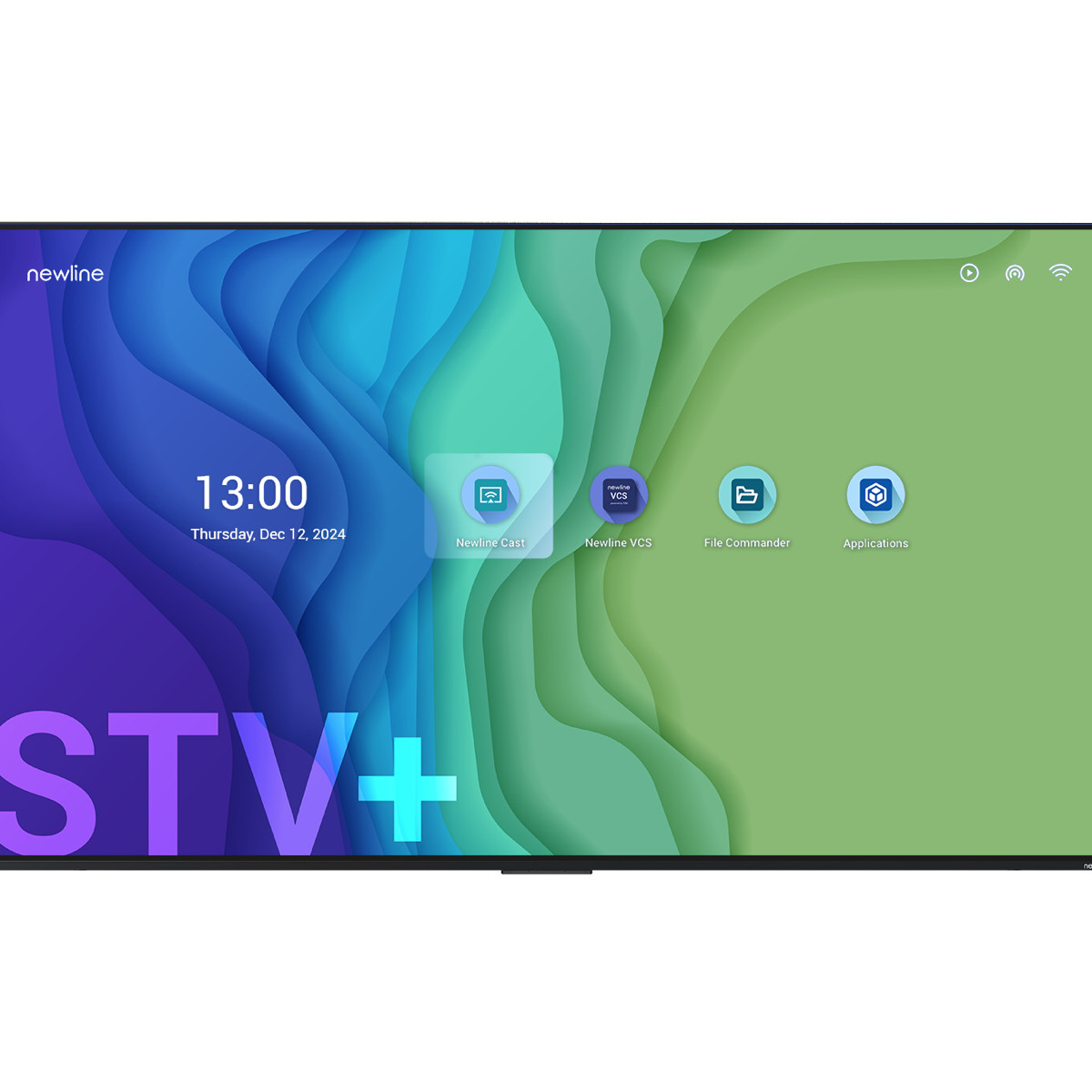 Display Newline mostra ora 13:00, data e app: Newline Cast, VCS, Gestione File, Applicazioni.