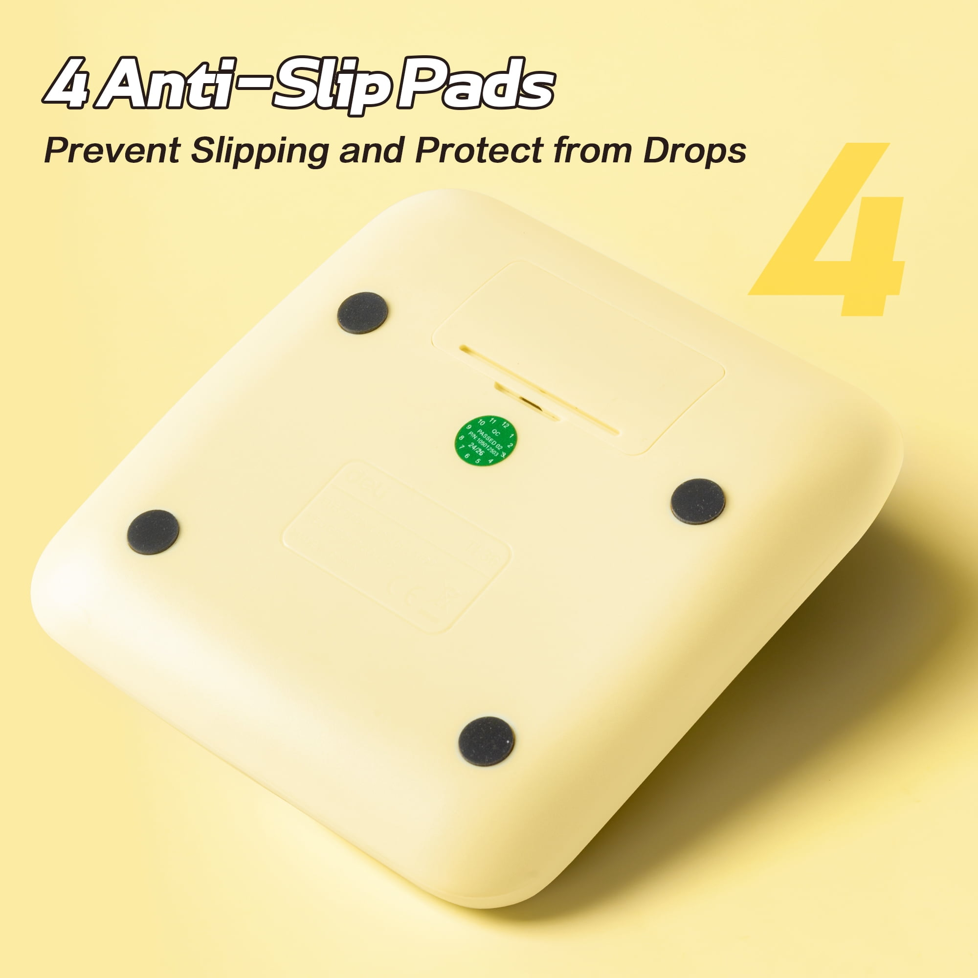 Gelbes Geräterückseite mit vier schwarzen Anti-Rutsch-Pads und grünem QC-Aufkleber.