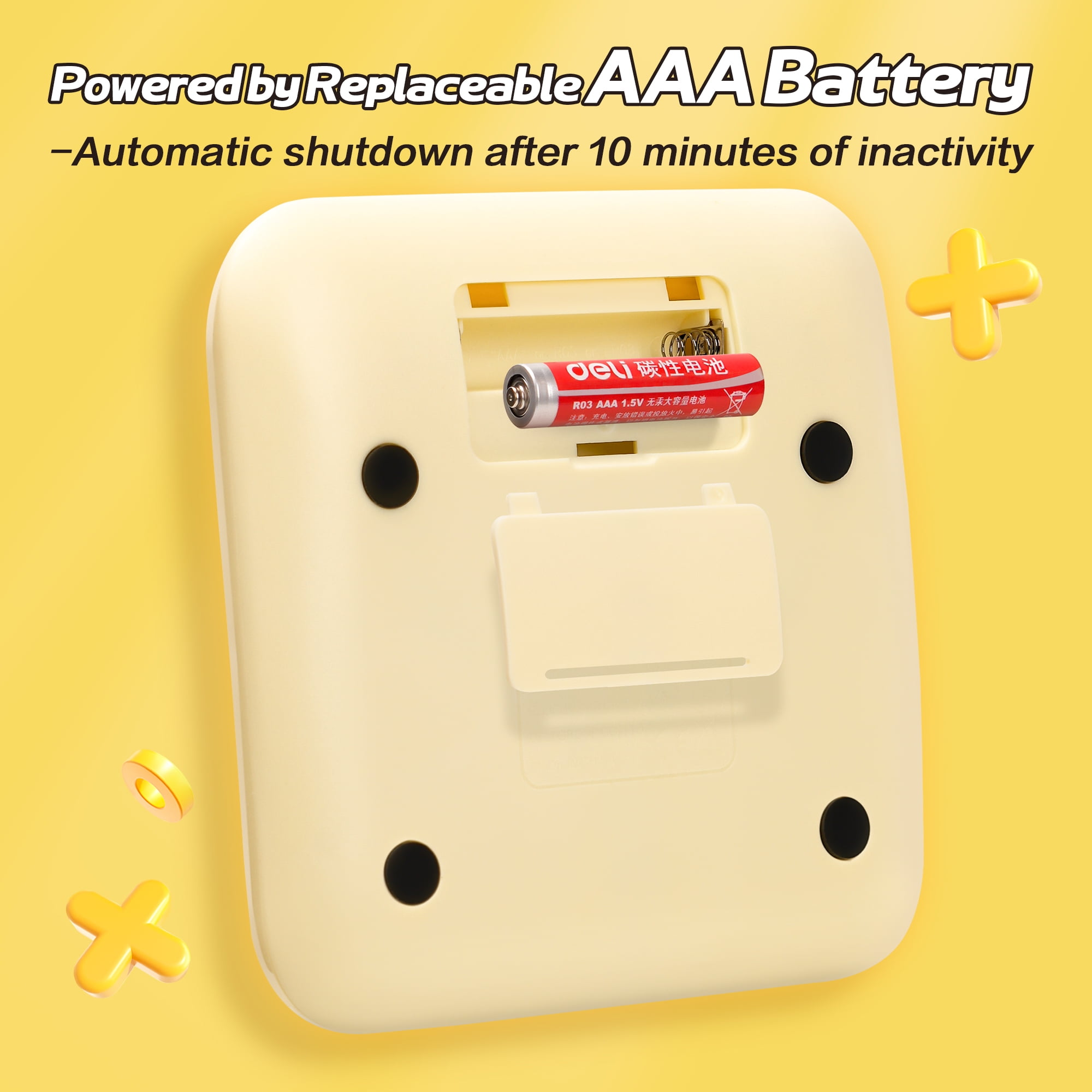 Gelbe Waagenschale mit geöffnetem AAA-Batteriefach, zeigt eine Deli AAA-Batterie.