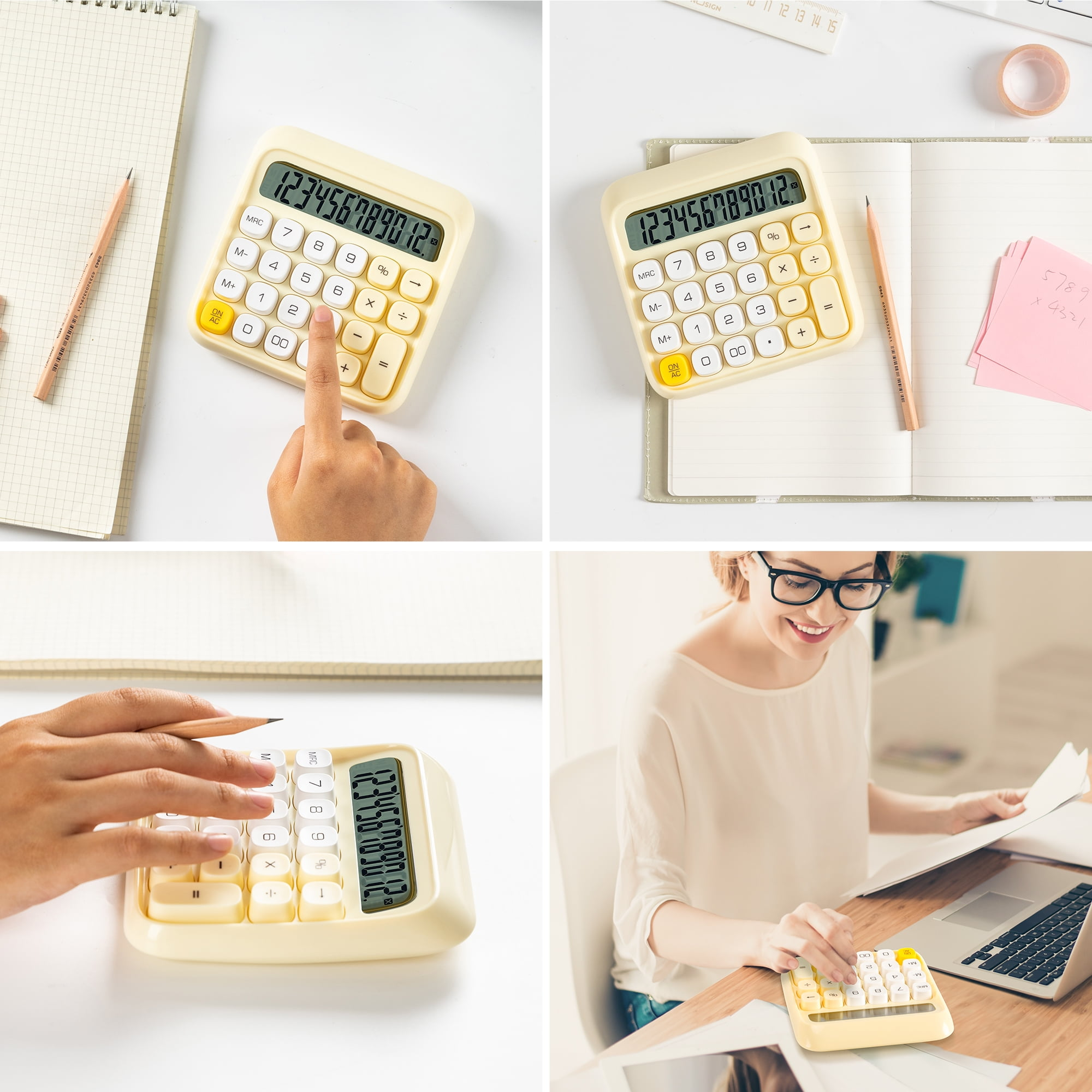 Eine Collage aus vier Bildern, die einen gelben Taschenrechner, Notizbücher, Bleistifte und eine arbeitende Frau zeigen.