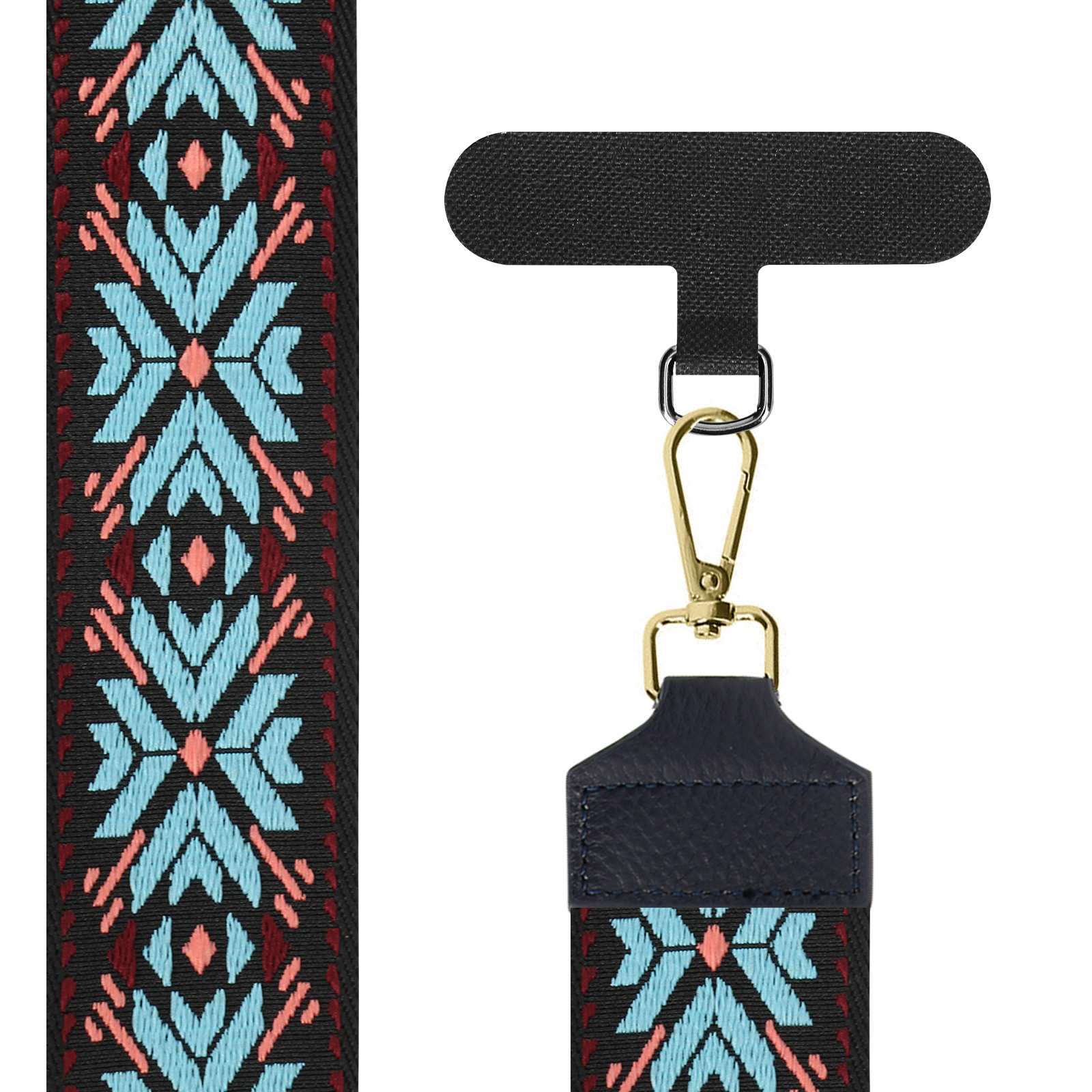 Cinturino nero con motivo geometrico blu, rosso e rosa e clip dorata.