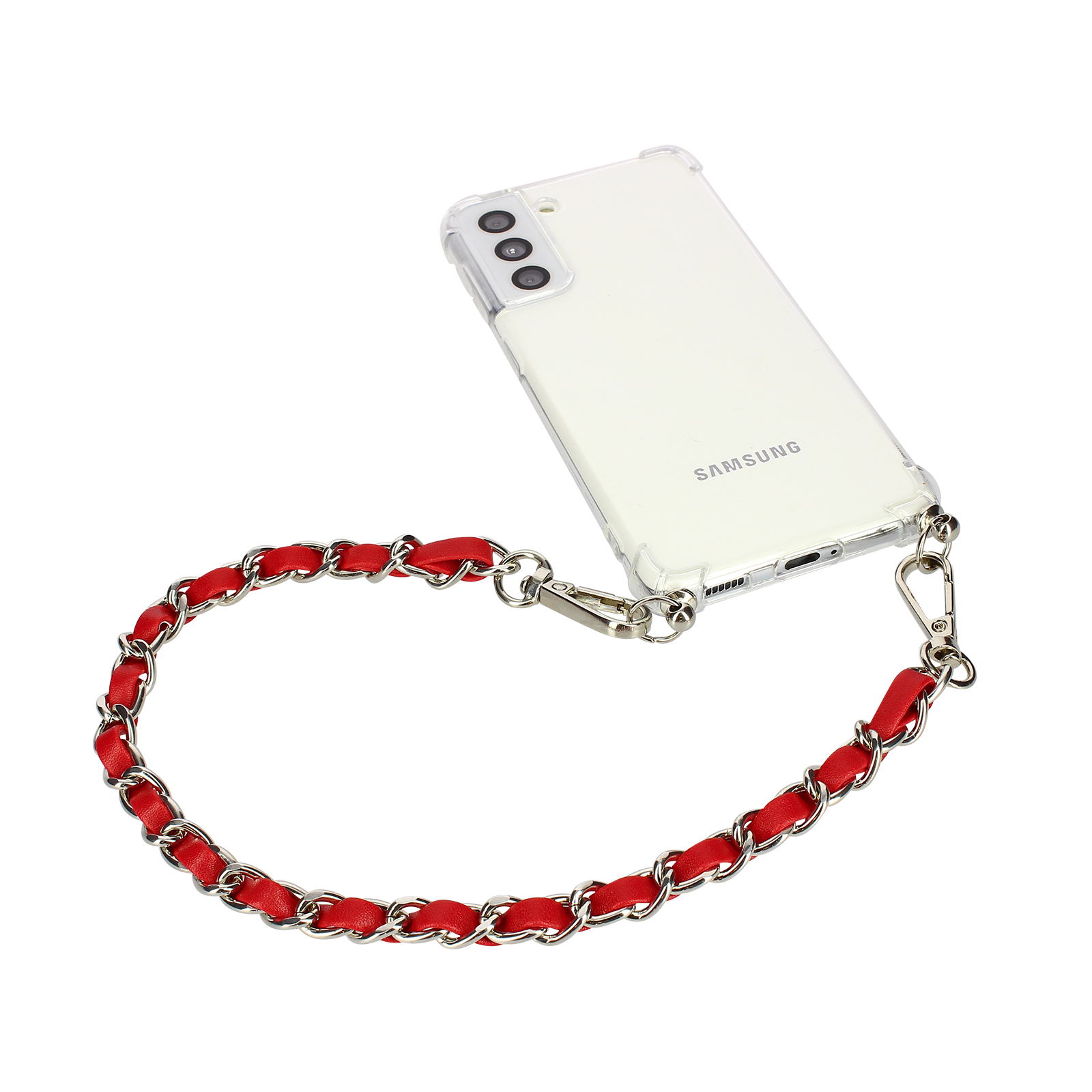 Una cover trasparente per telefono con una tracolla a catena intrecciata rossa.