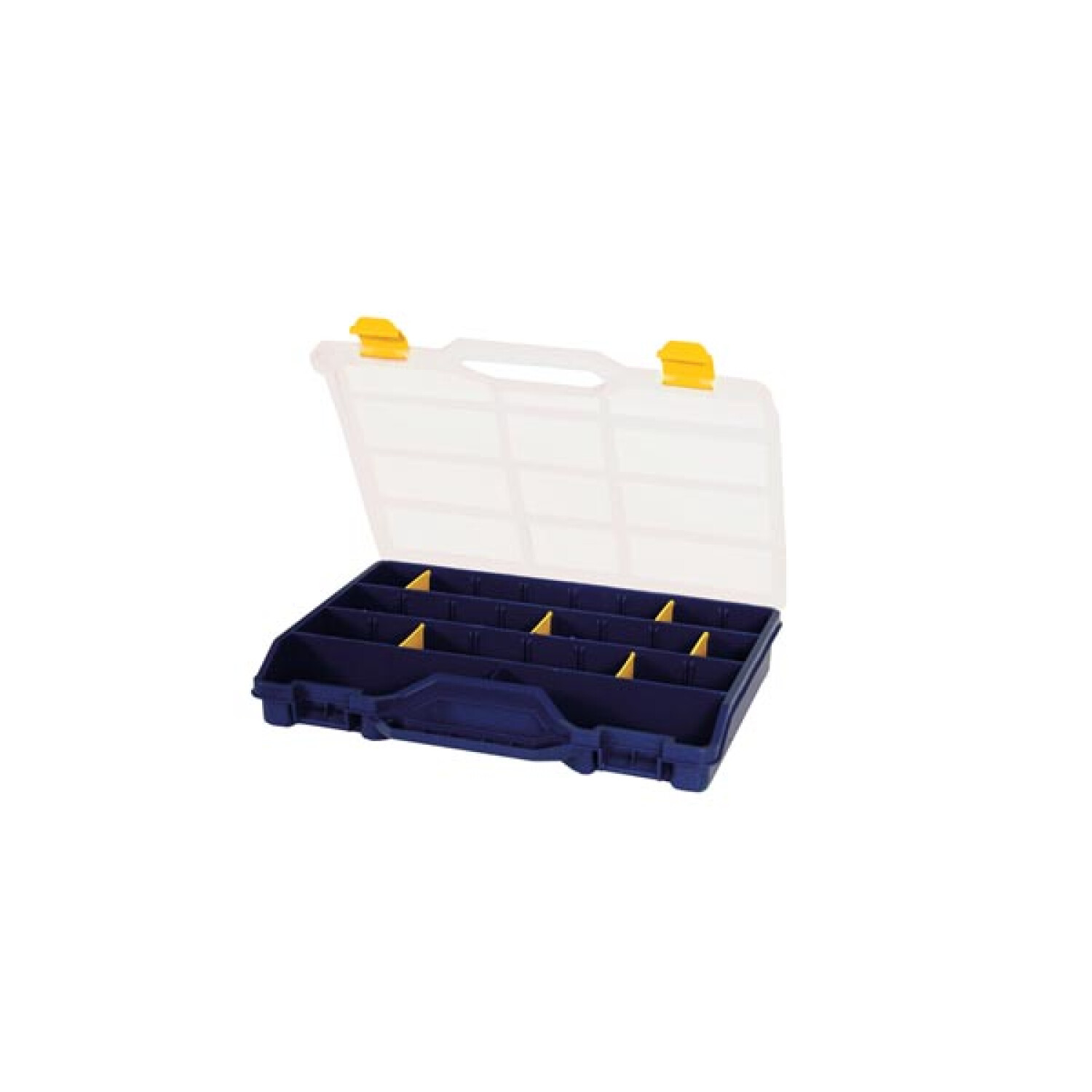 Organizer blu aperto in plastica con coperchio trasparente, chiusure gialle e divisori gialli.