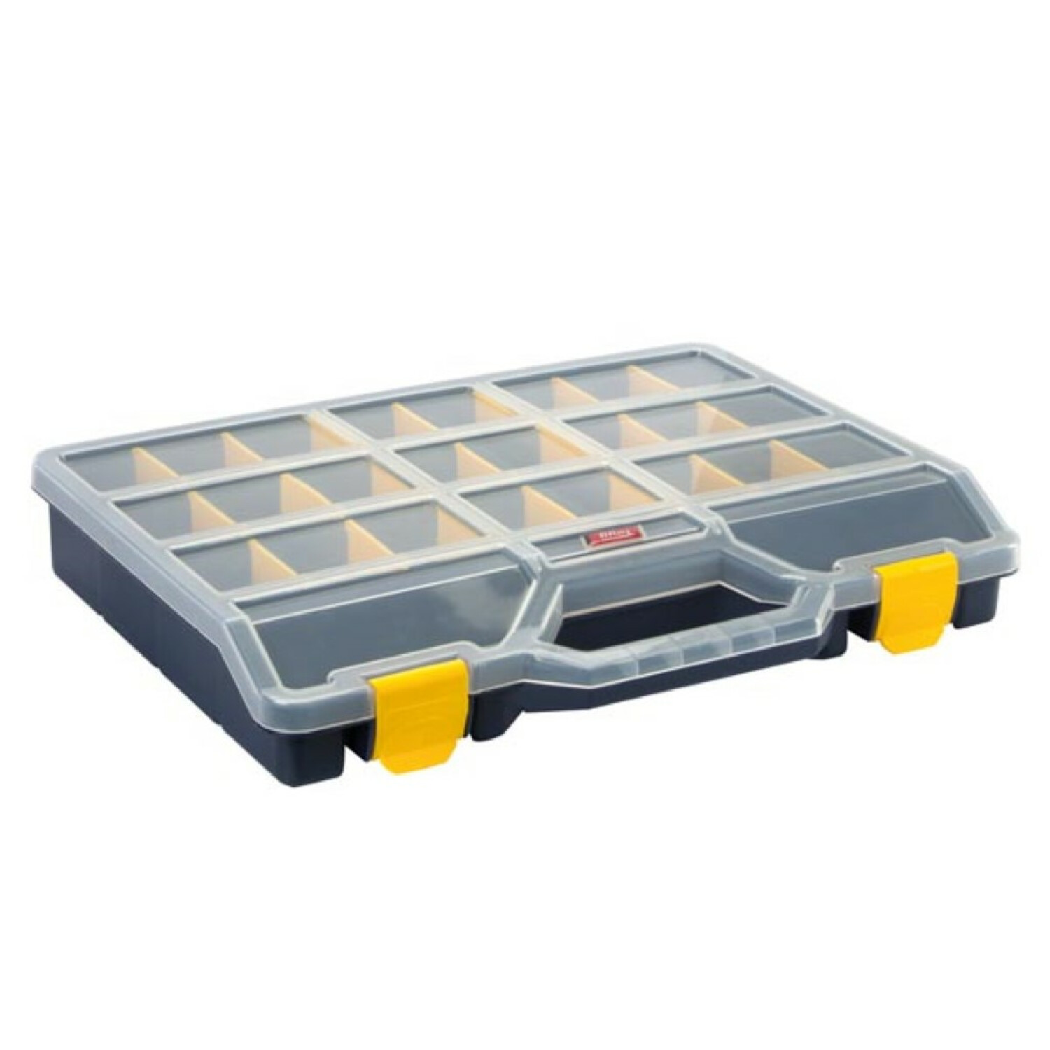 Una scatola organizer in plastica grigia e trasparente con chiusure e manico gialli.