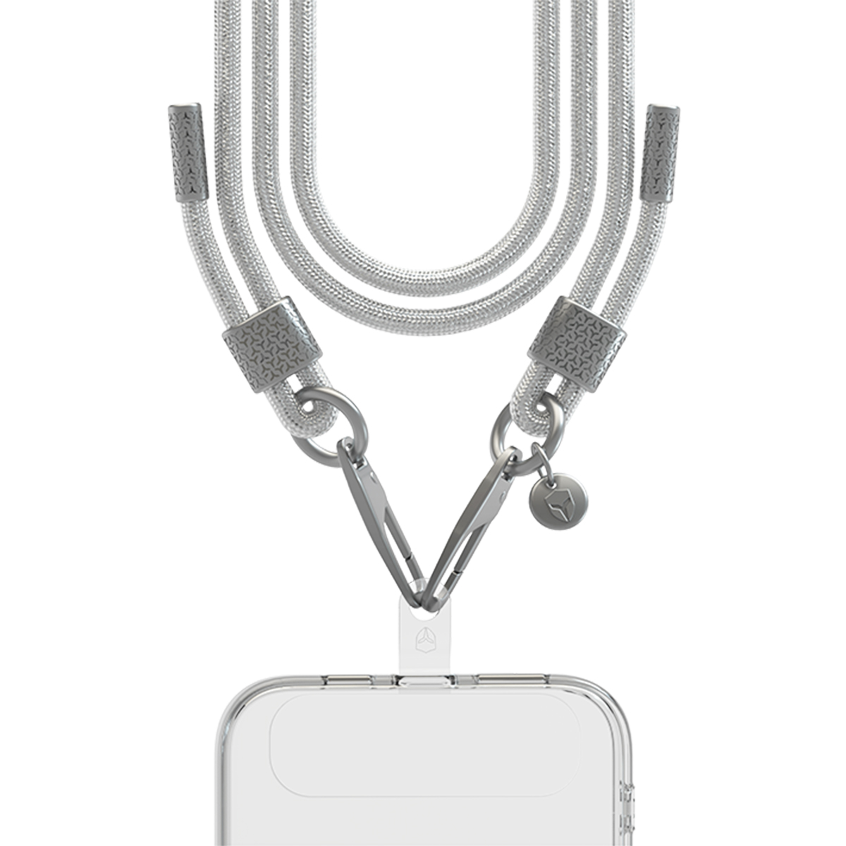 Collana per telefono argentata con moschettoni e un piccolo ciondolo.