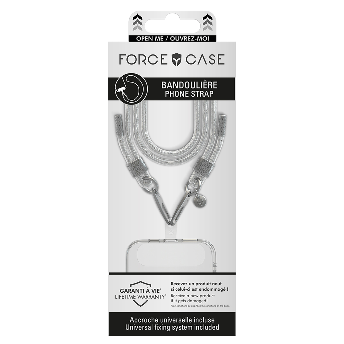 Confezione cinturino per telefono Force Case con cinturino intrecciato argento e sistema di fissaggio universale.