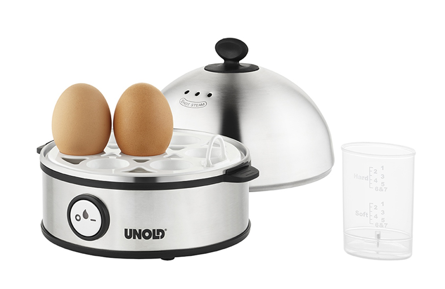 Jajowar Unold z dwoma brązowymi jajkami, pokrywką i miarką.
