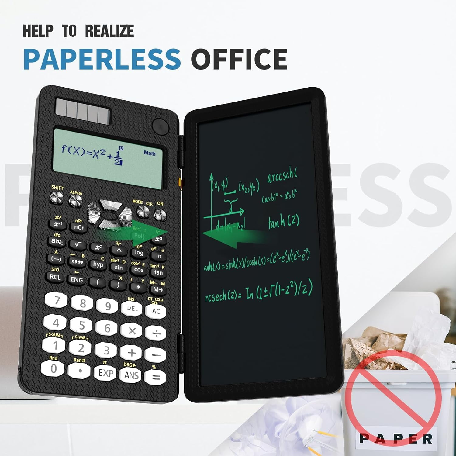 Ein Taschenrechner und ein digitales Notizbuch zeigen mathematische Gleichungen und Formeln. Ein Papierkorb mit rotem Kreis und Strich.