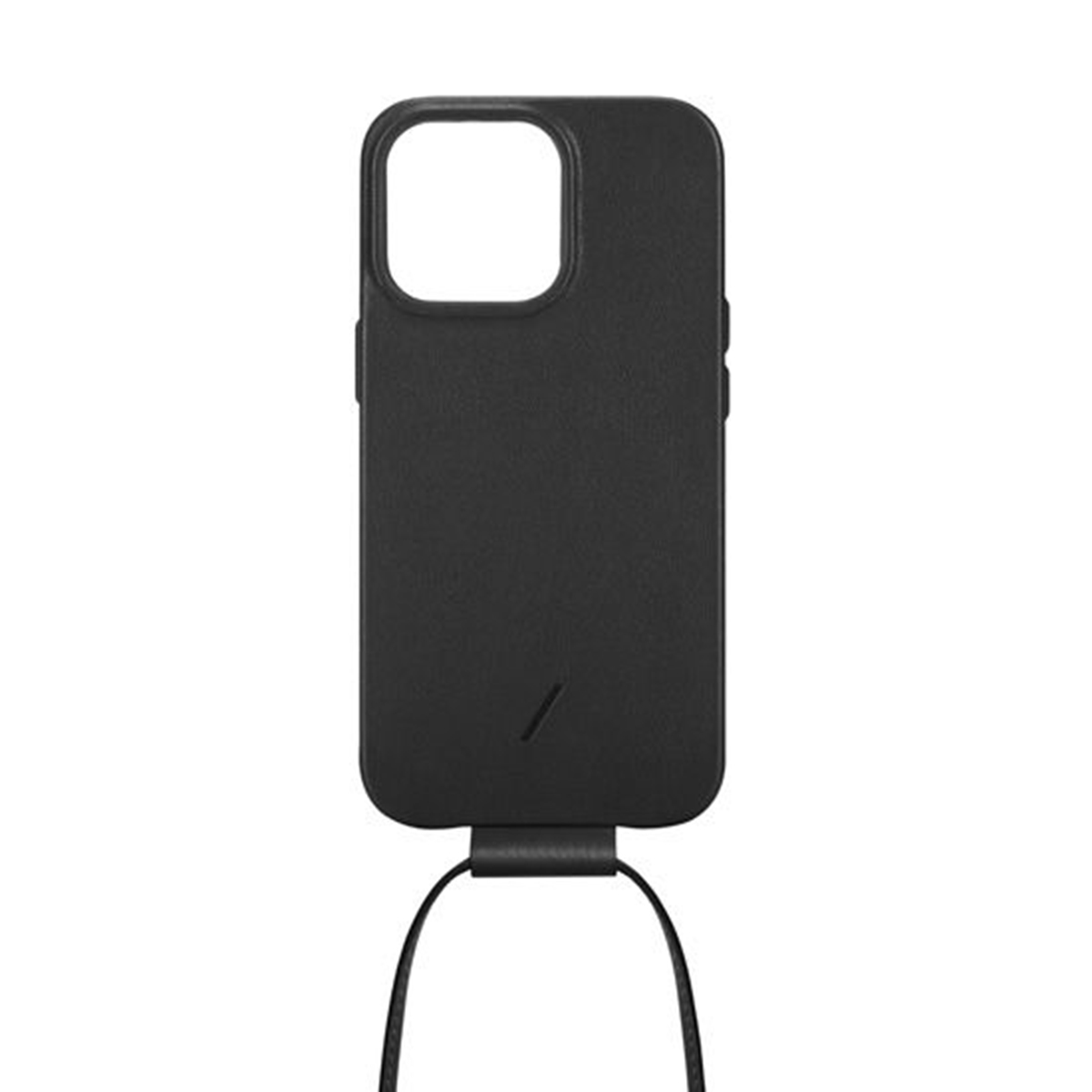Custodia nera per iPhone con ritaglio fotocamera e laccetto.