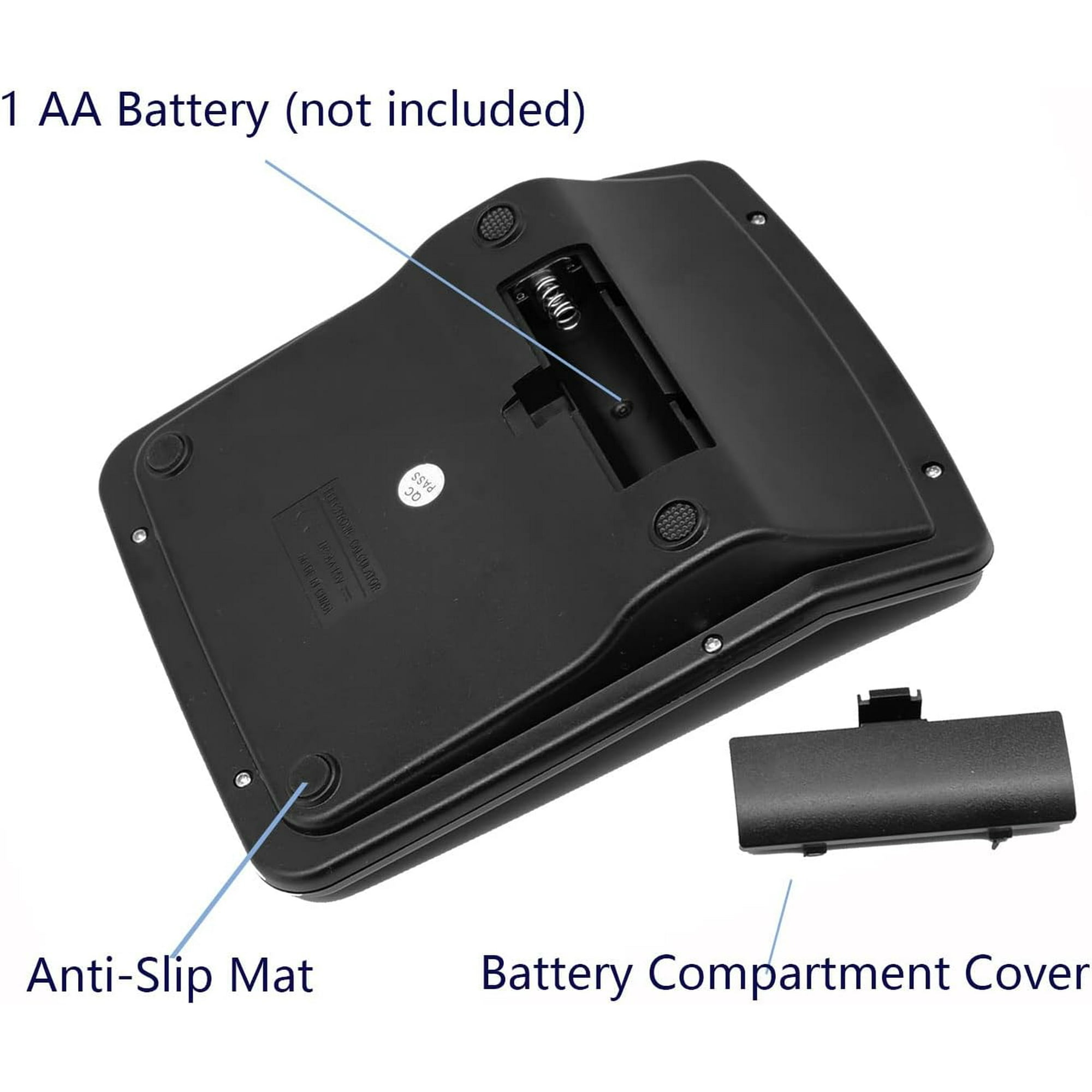 Rückansicht des schwarzen Taschenrechners mit Batteriefach, rutschfesten Matten und Abdeckung.