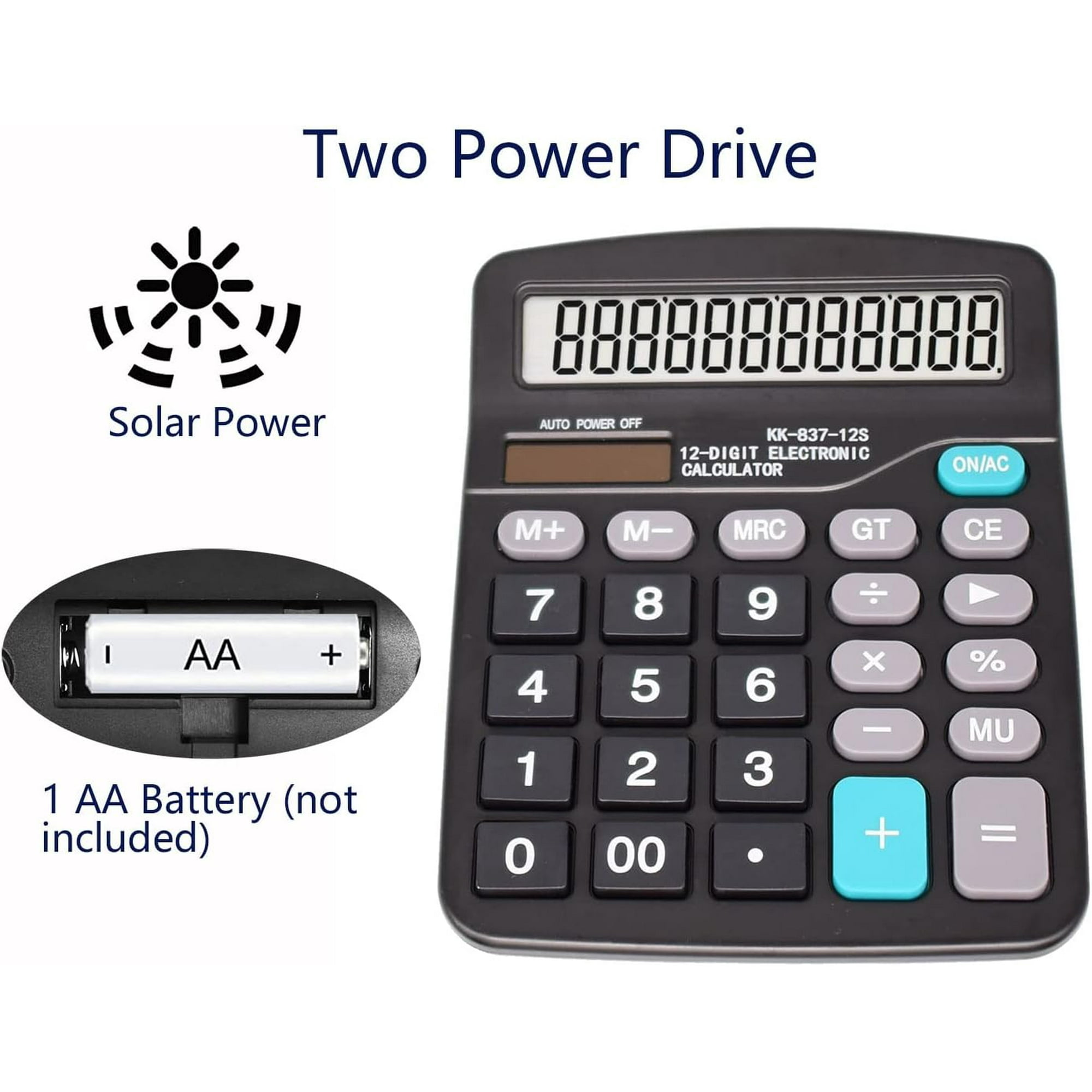 Schwarzer elektronischer Taschenrechner mit Solar-Symbol, AA-Batteriefach und Anzeige mit Nullen.