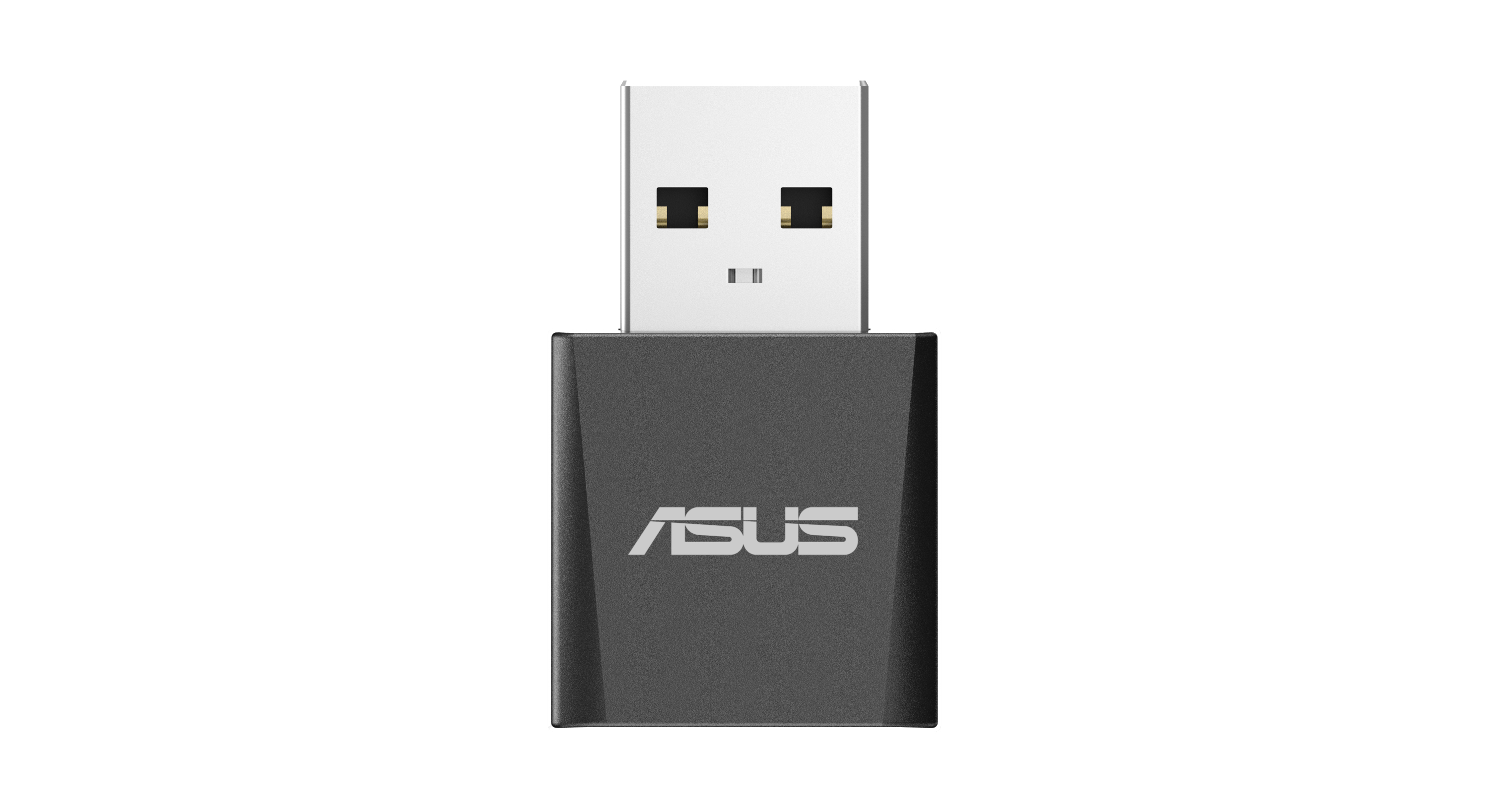 Beyaz konektörlü gri ASUS USB WiFi adaptörü, beyaz arka planda izole edilmiştir.