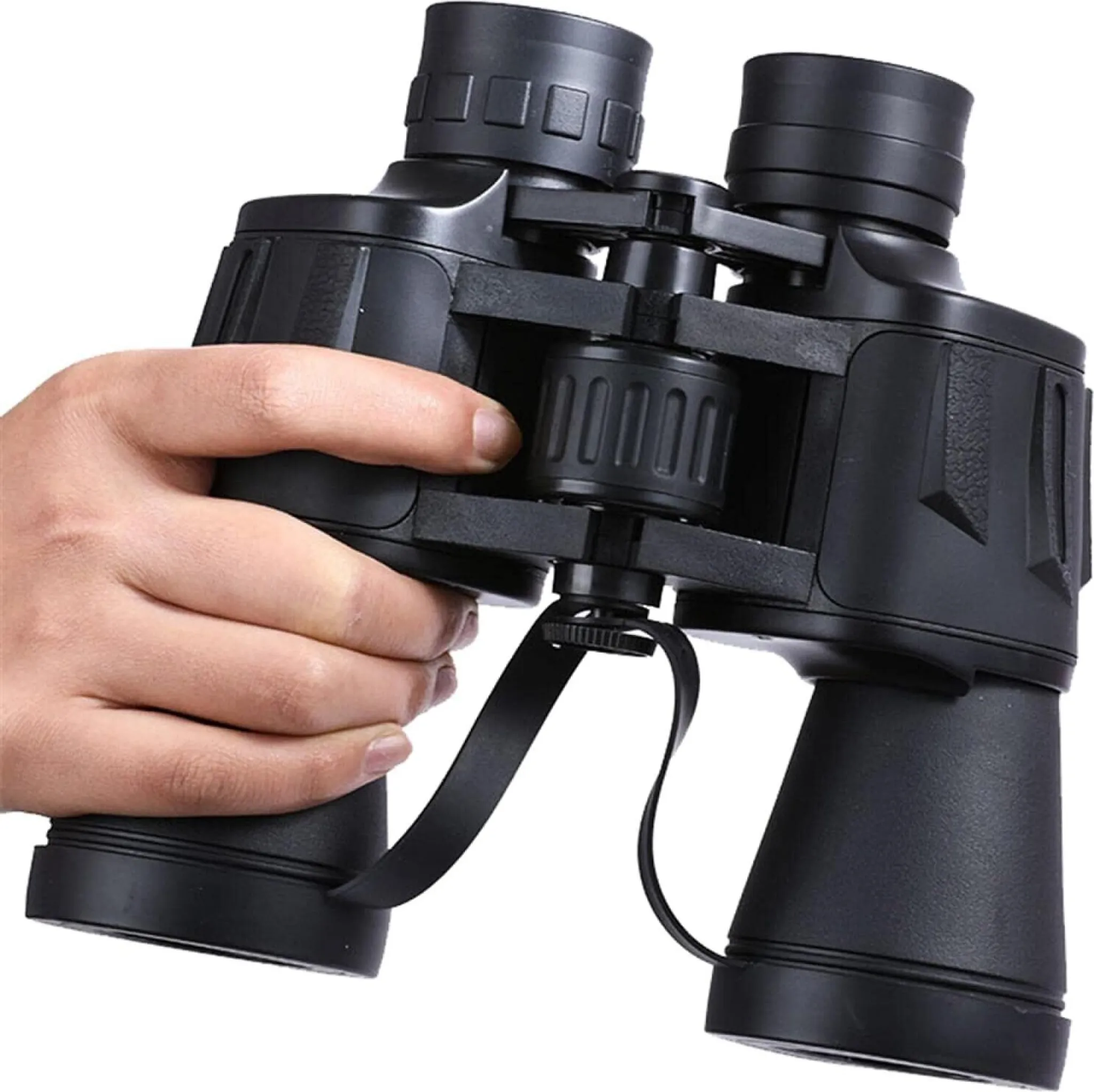 Eine Hand hält eine schwarze Fernglas mit einem Fokusrad.