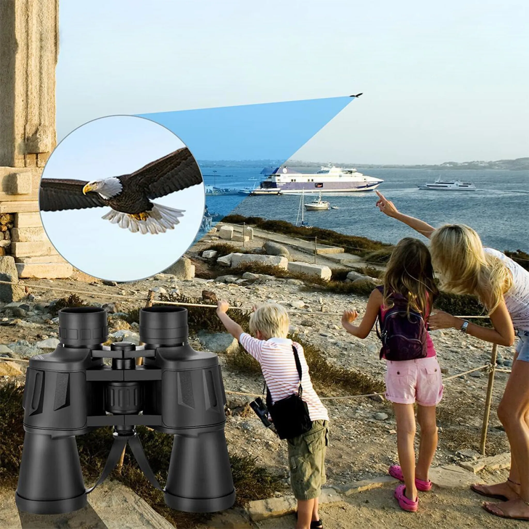 Fernglas auf Stativ, Familie beobachtet Adler im Flug über Meer mit Fähren.