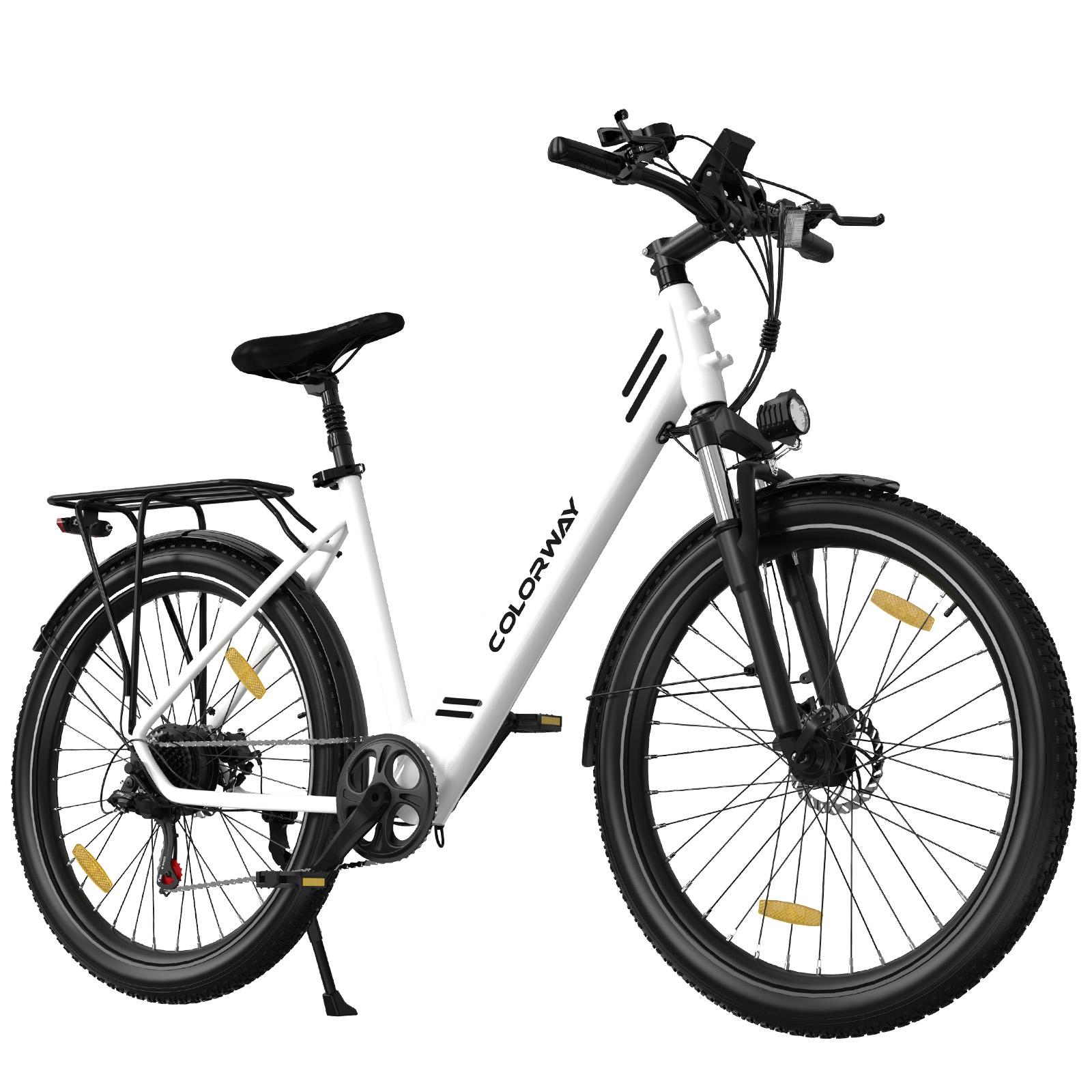 Una bicicleta eléctrica blanca con neumáticos, asiento y portaequipajes negros.