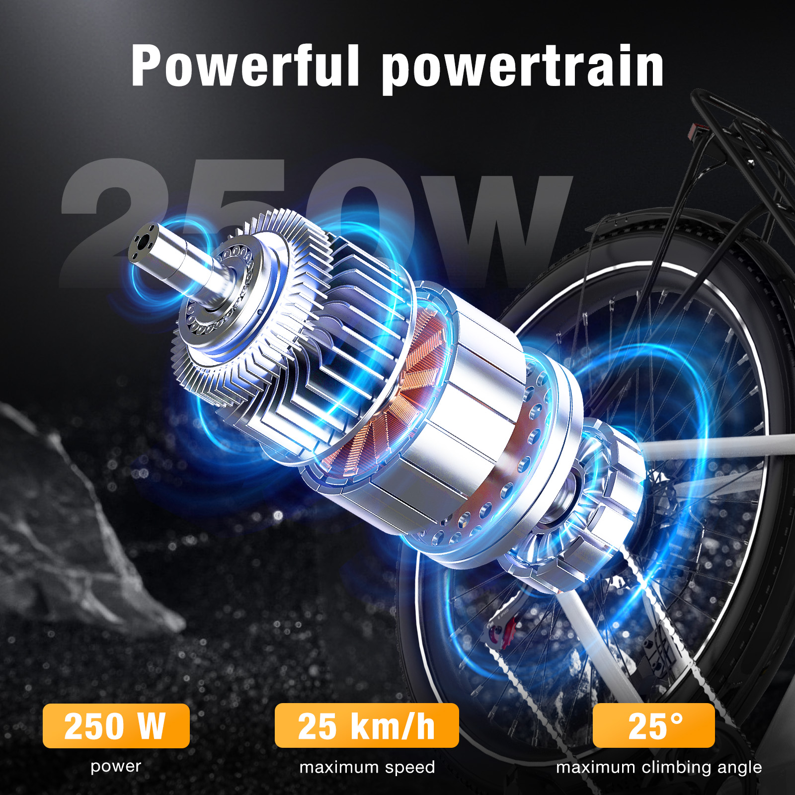 Potente motor de e-bike: 250W, 25 km/h máx. velocidad y 25° ángulo de ascenso.
